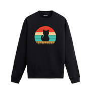 Siyah sweatshirt üzerinde retro güneş arka planında kedi silüet baskısı