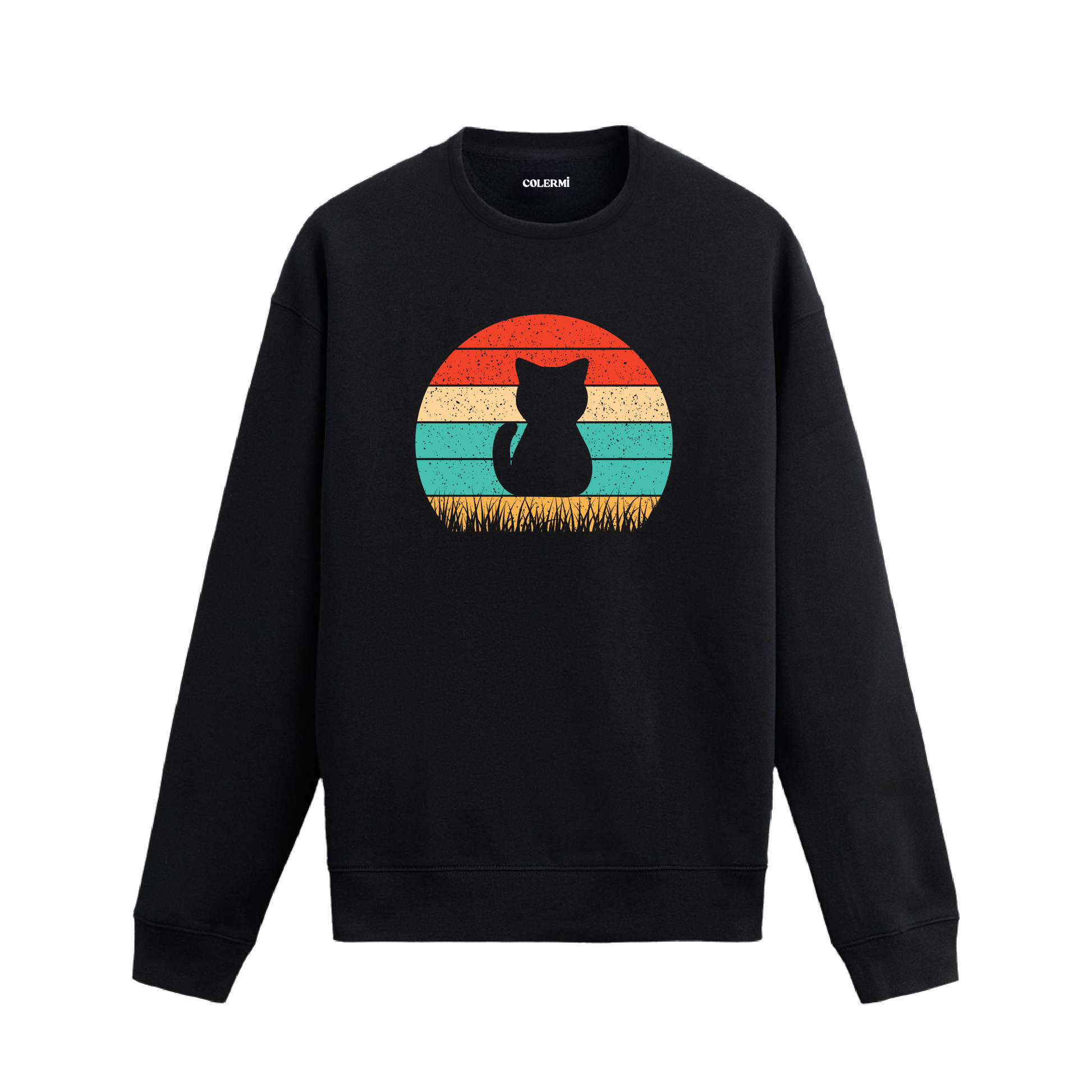 Siyah sweatshirt üzerinde retro güneş arka planında kedi silüet baskısı