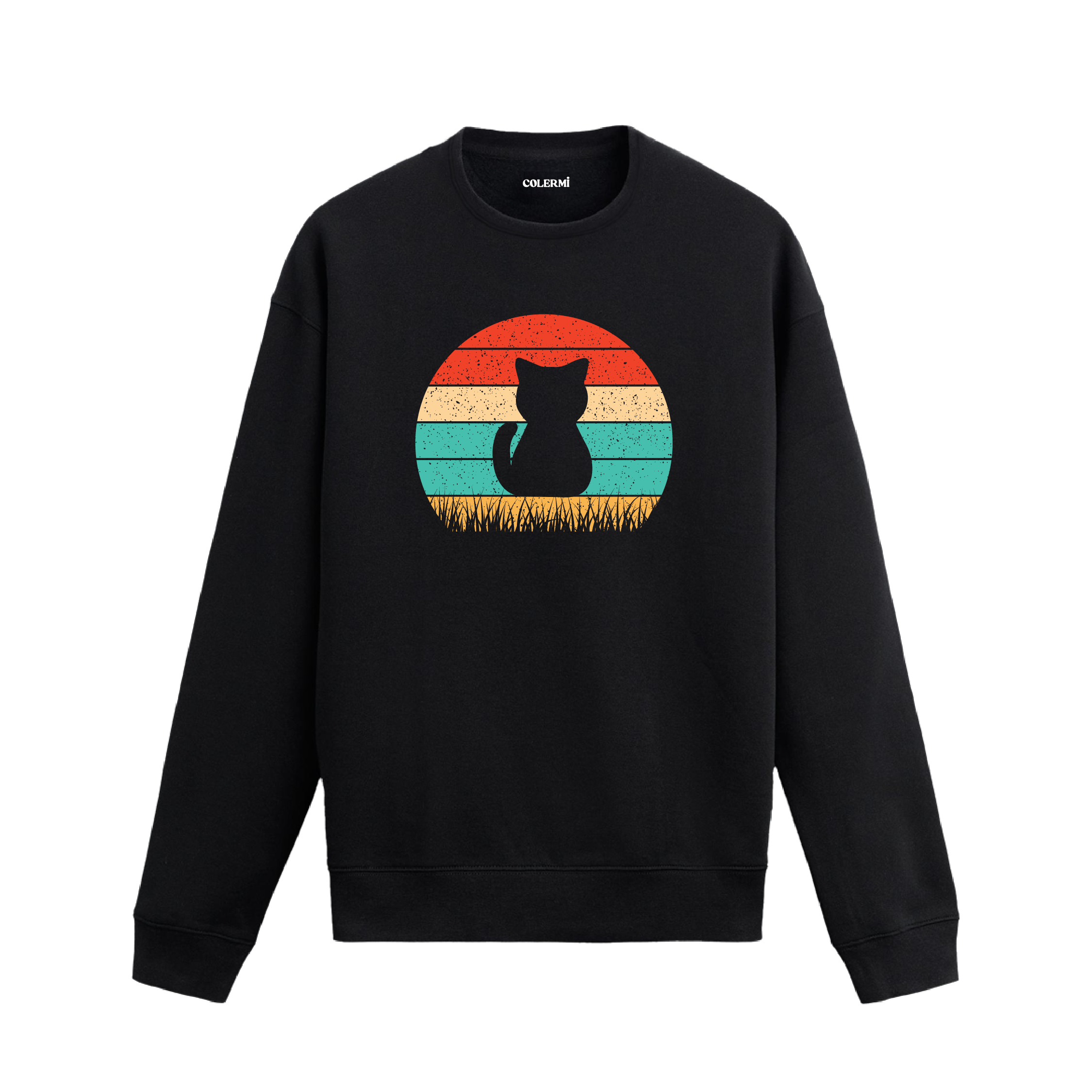 Siyah sweatshirt üzerinde retro güneş arka planında kedi silüet baskısı