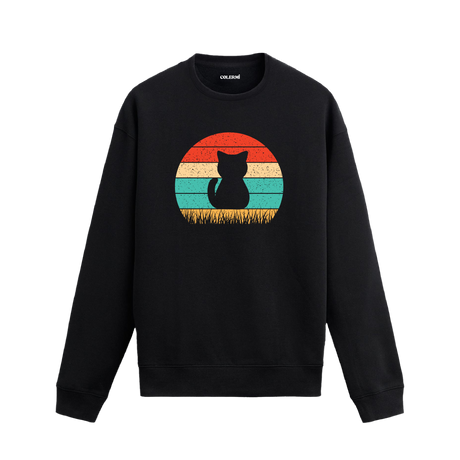 Siyah sweatshirt üzerinde retro güneş arka planında kedi silüet baskısı