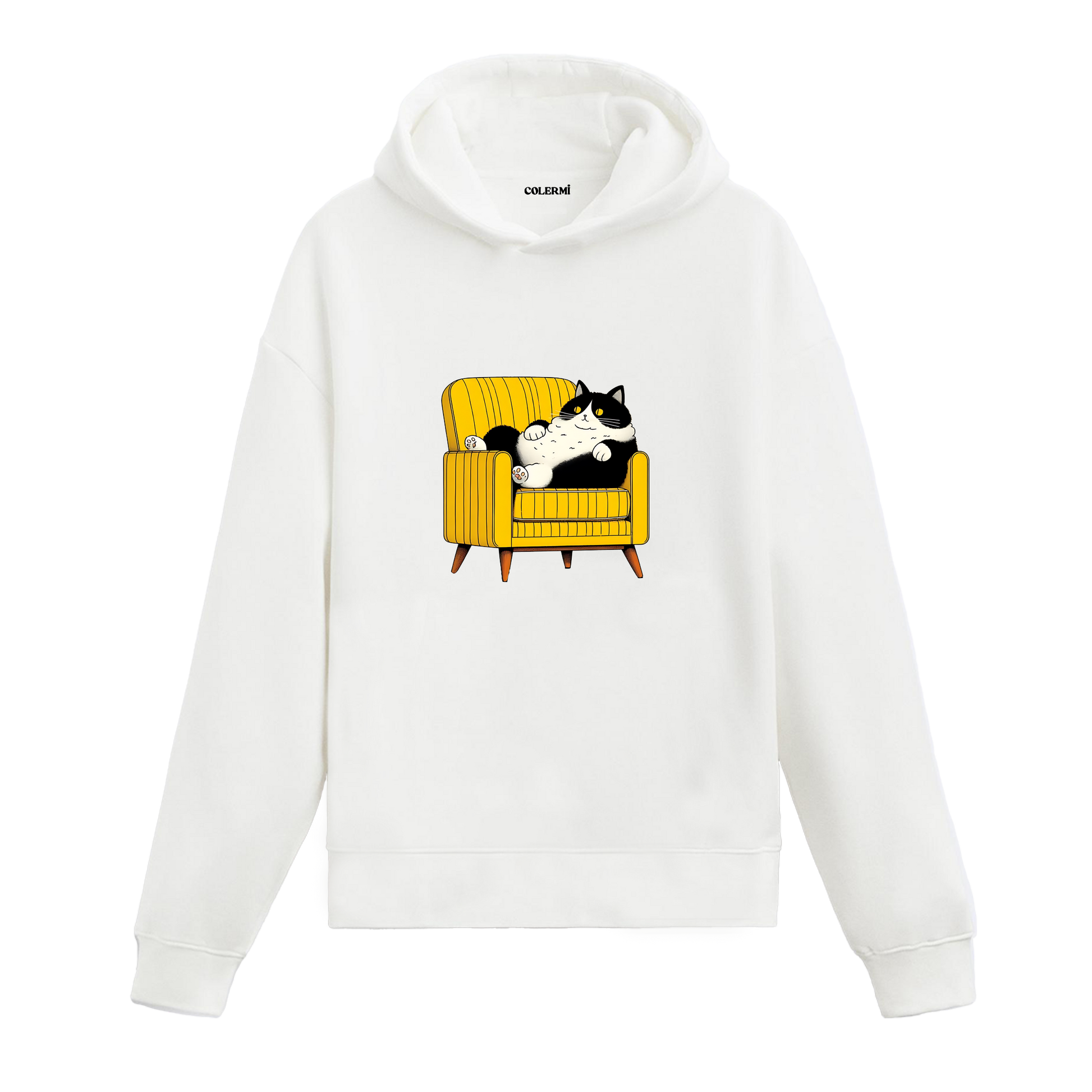 Koltukta uzanan karakter baskısına sahip retro anlatımlı beyaz hoodie tasarımı