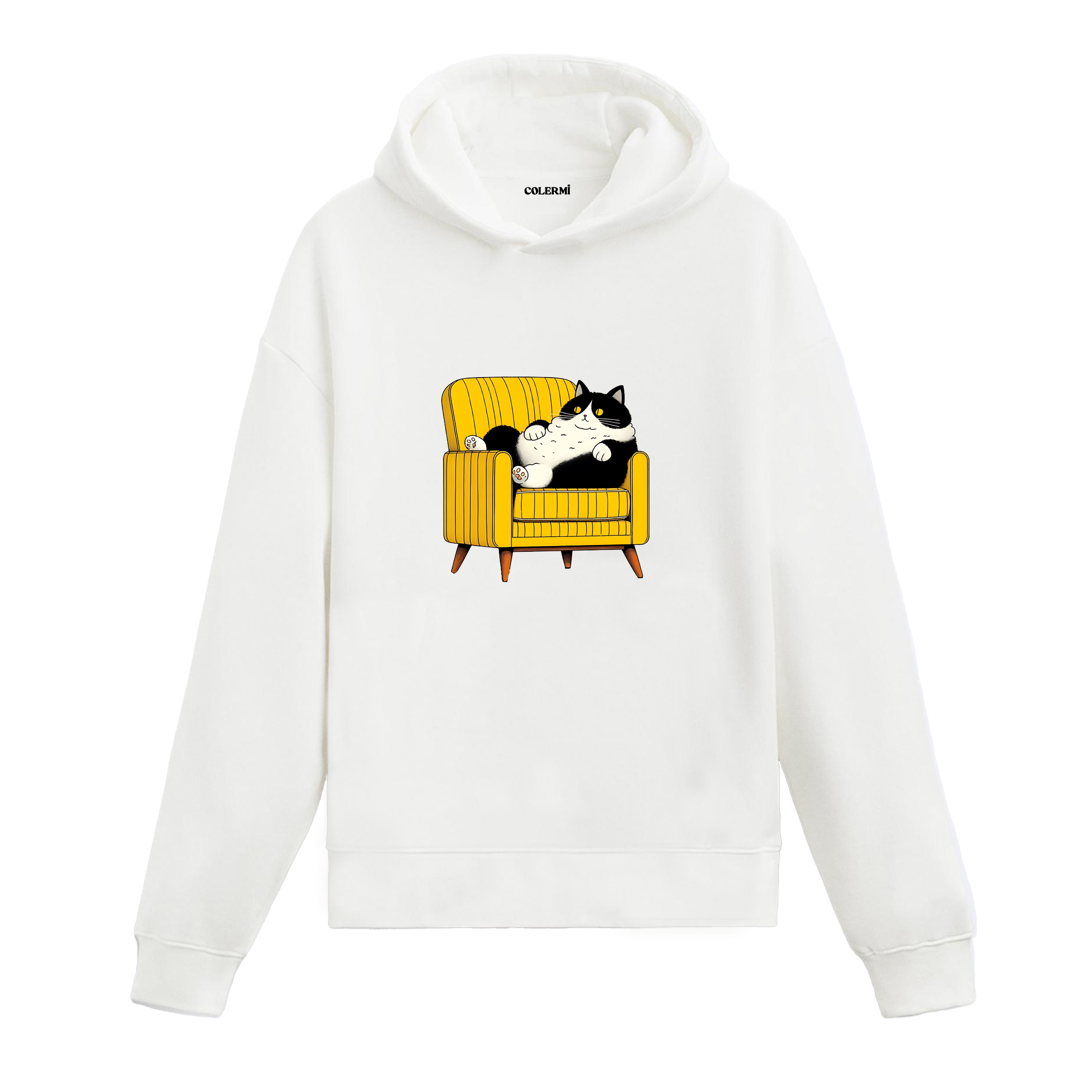 Koltukta uzanan karakter baskısına sahip retro anlatımlı beyaz hoodie tasarımı