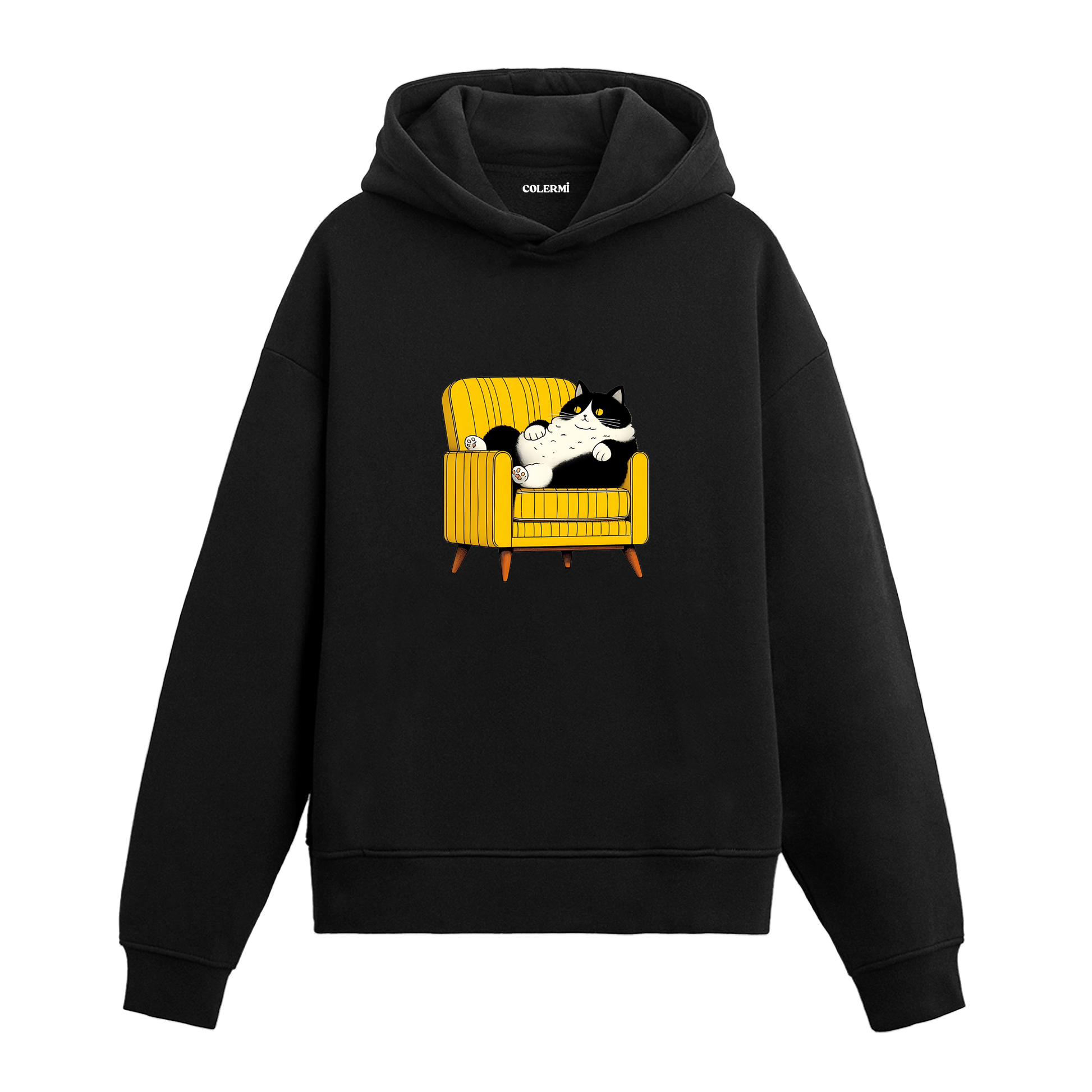 Koltukta uzanan karakter baskısına sahip retro anlatımlı siyah hoodie tasarımı