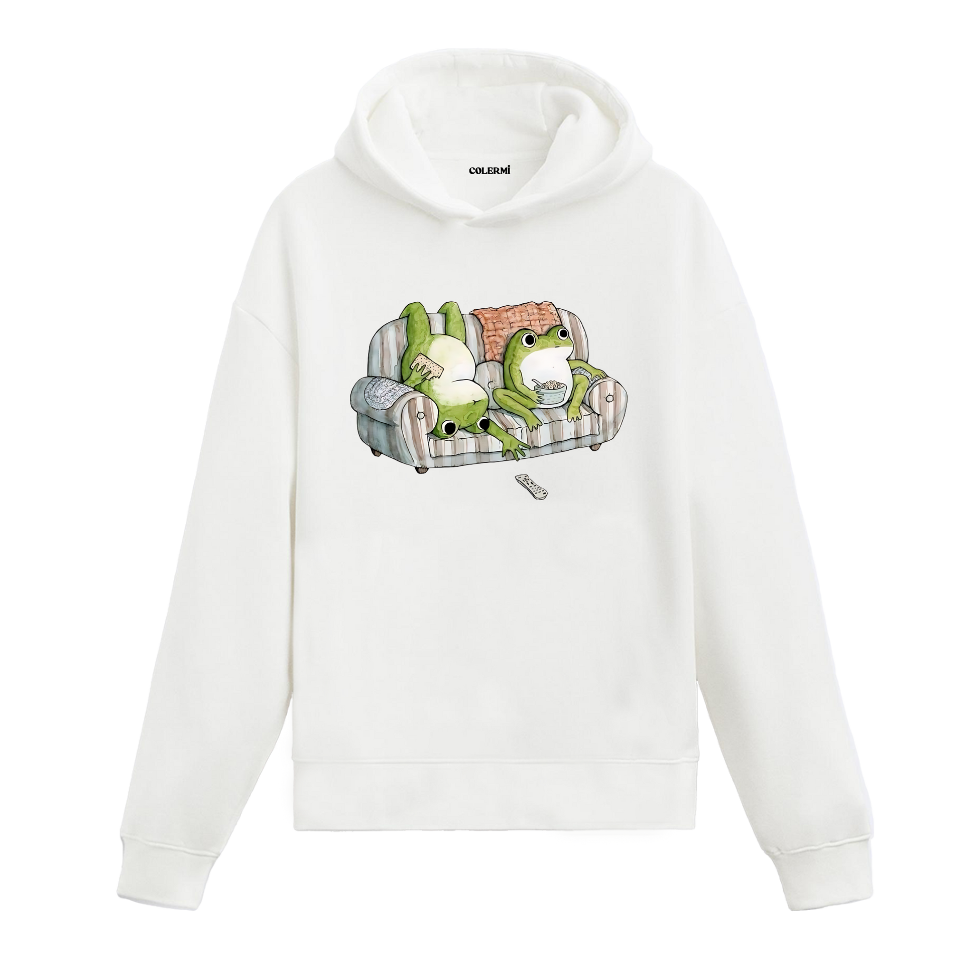 Koltuk üzerinde uzanan iki karakterin yer aldığı retro çizim baskılı beyaz hoodie tasarımı