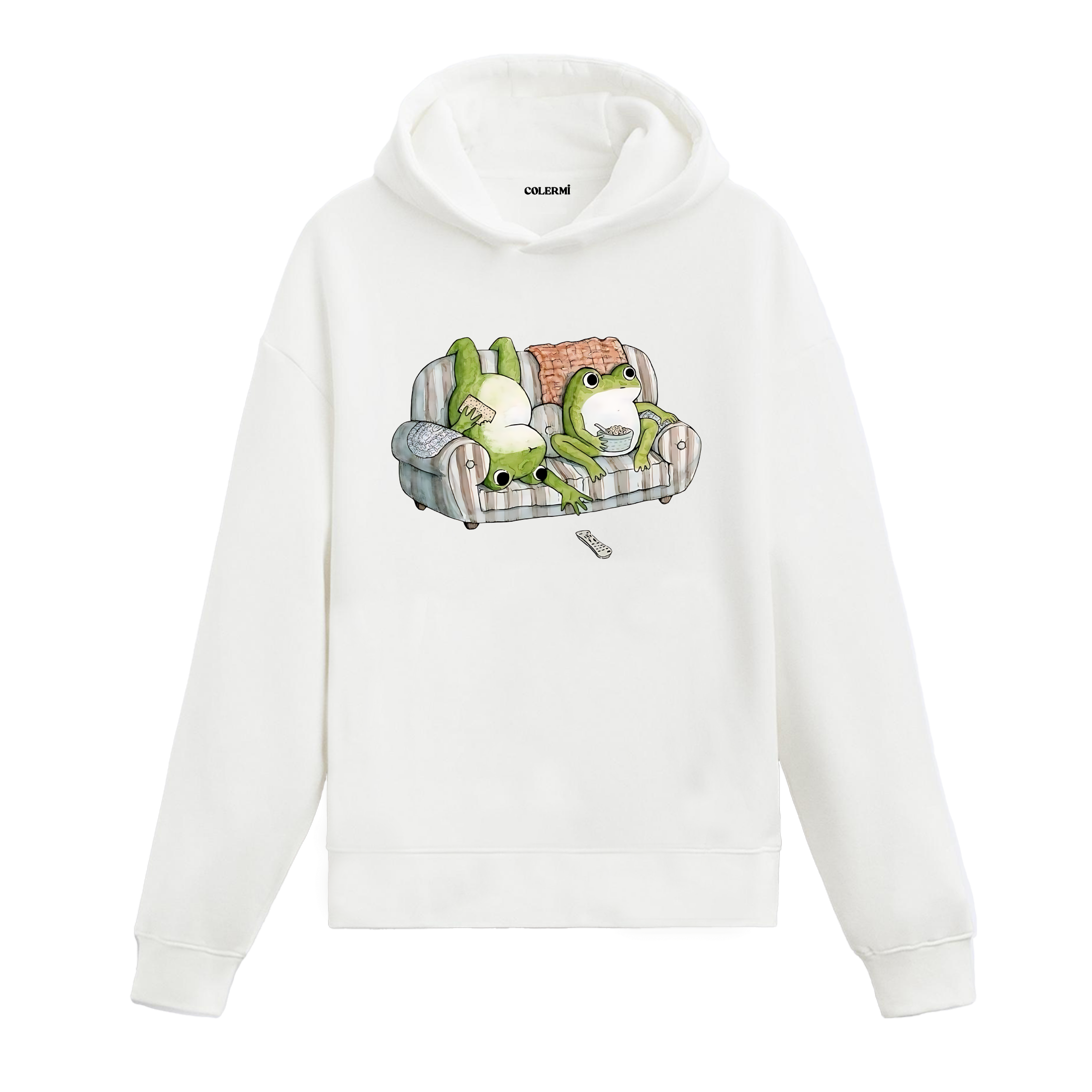 Koltuk üzerinde uzanan iki karakterin yer aldığı retro çizim baskılı beyaz hoodie tasarımı