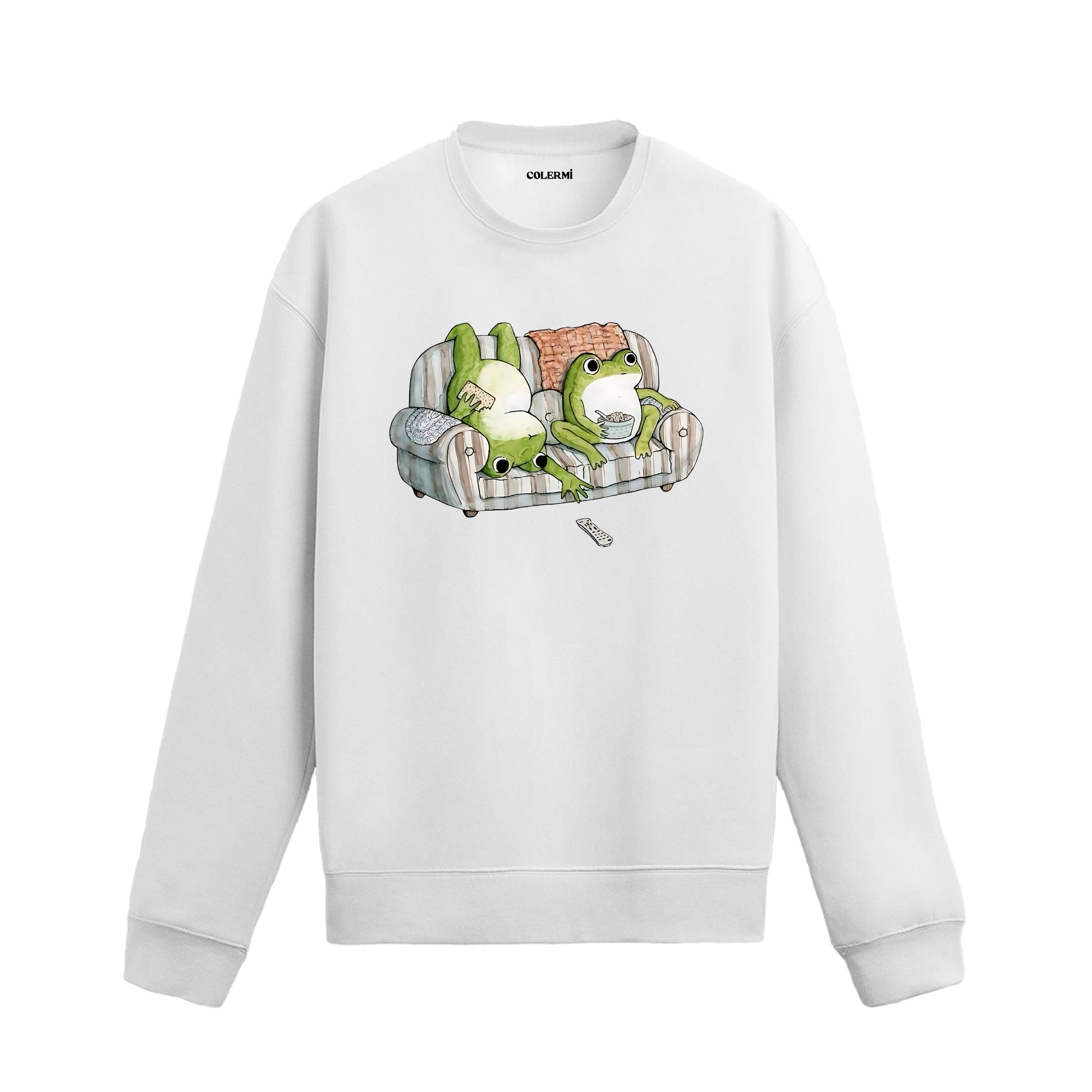 Koltuk üzerinde uzanan iki karakterin yer aldığı retro çizim baskılı beyaz sweatshirt tasarımı