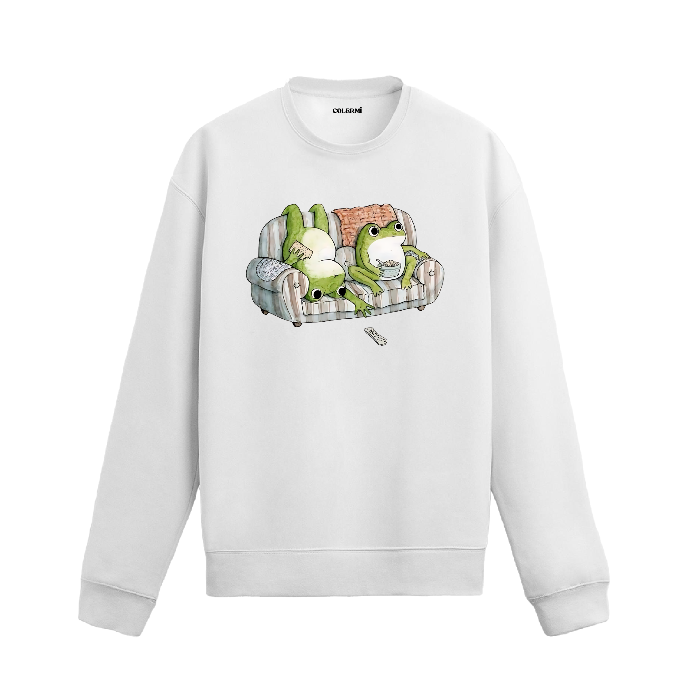 Koltuk üzerinde uzanan iki karakterin yer aldığı retro çizim baskılı beyaz sweatshirt tasarımı