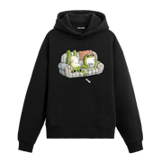 Koltuk üzerinde uzanan iki karakterin yer aldığı retro çizim baskılı hoodie tasarımı