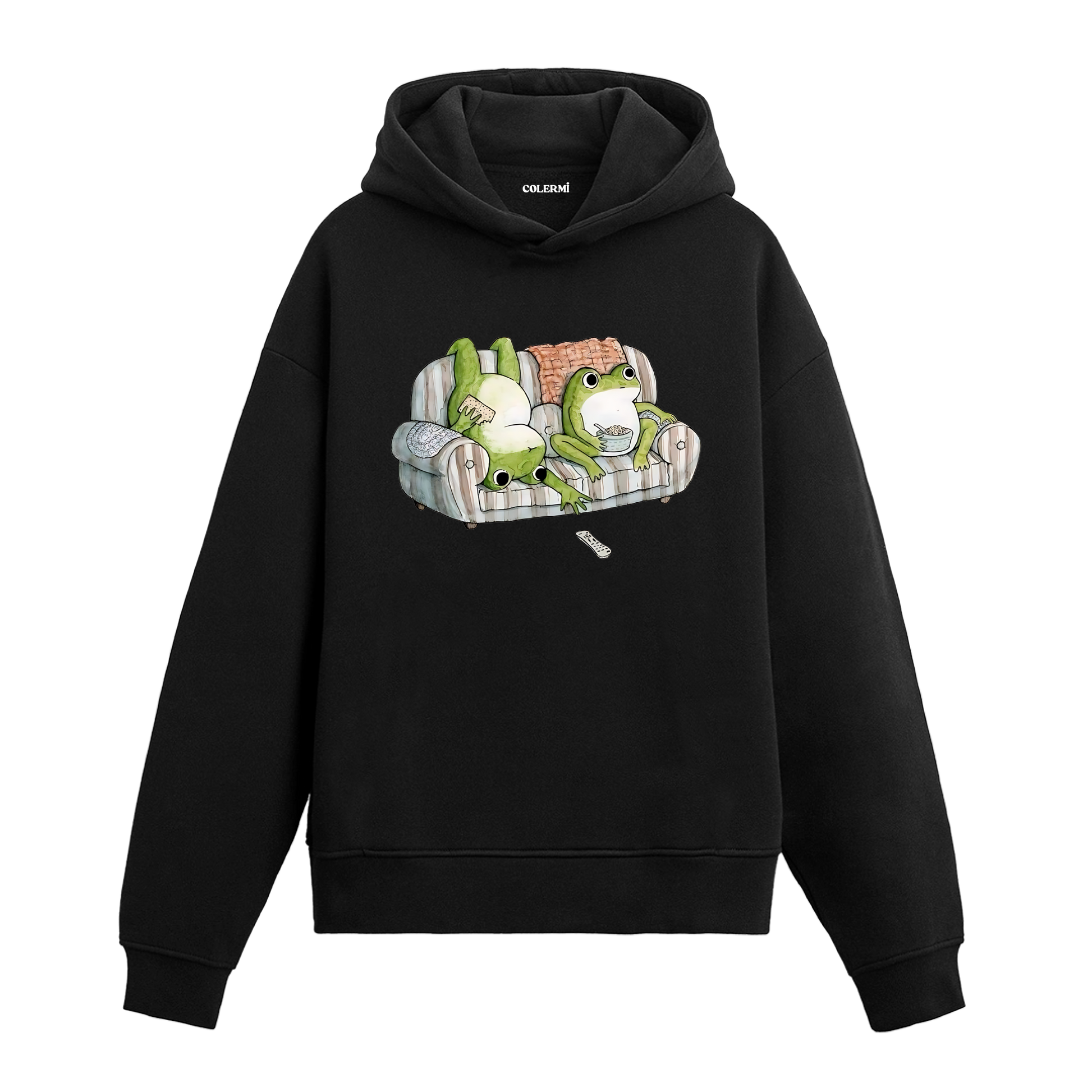 Koltuk üzerinde uzanan iki karakterin yer aldığı retro çizim baskılı hoodie tasarımı