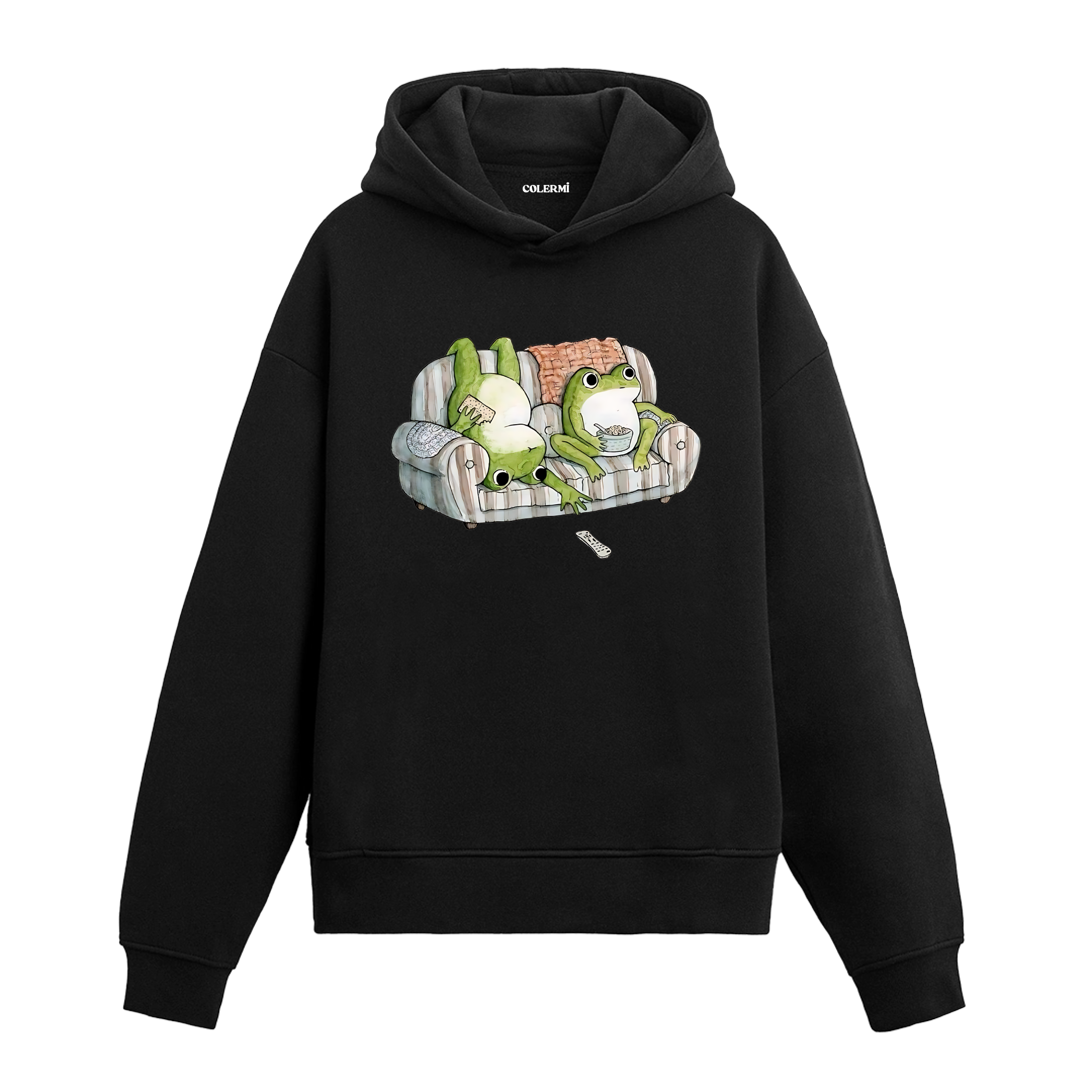 Koltuk üzerinde uzanan iki karakterin yer aldığı retro çizim baskılı hoodie tasarımı