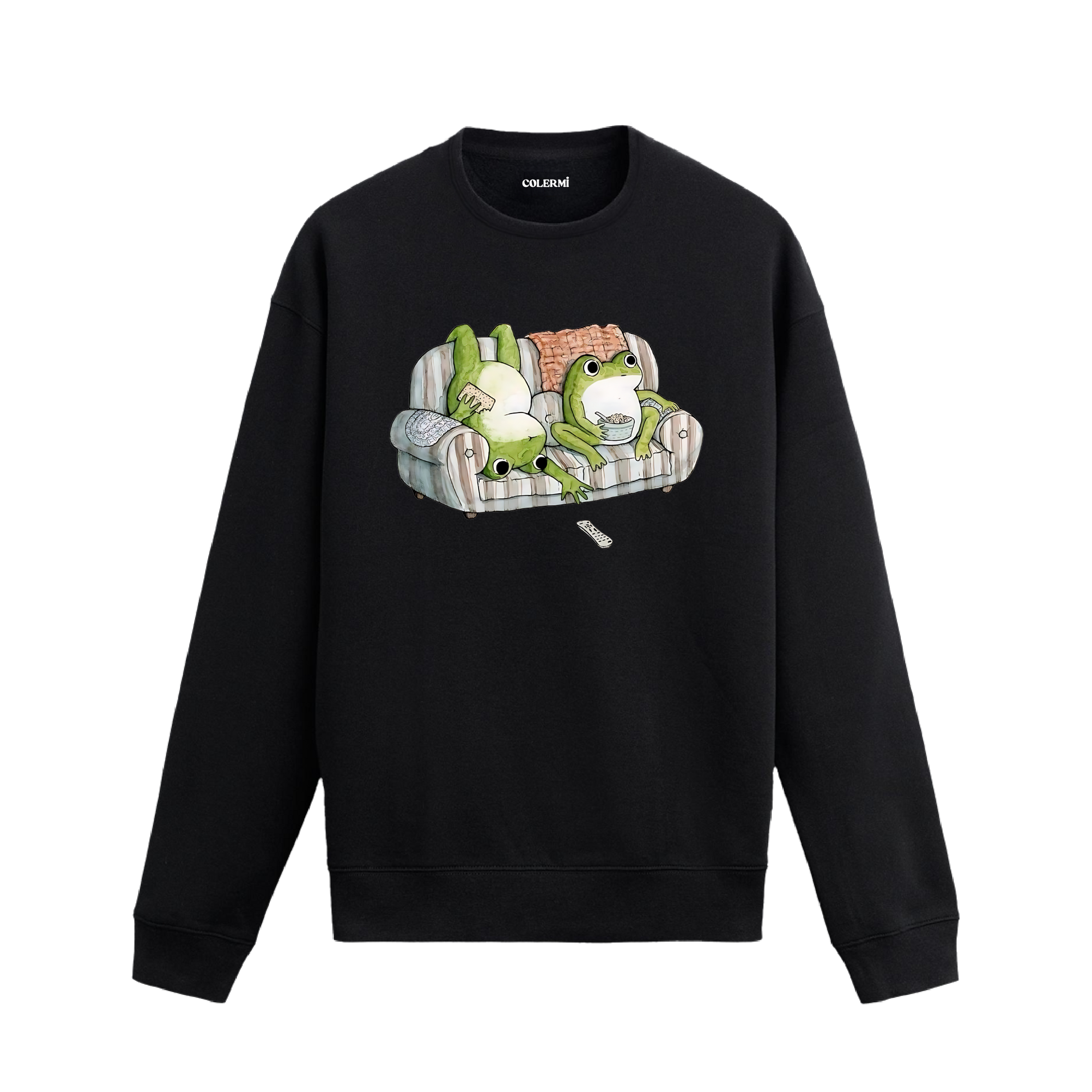 Koltuk üzerinde uzanan iki karakterin yer aldığı retro çizim baskılı siyah  sweatshirt tasarımı