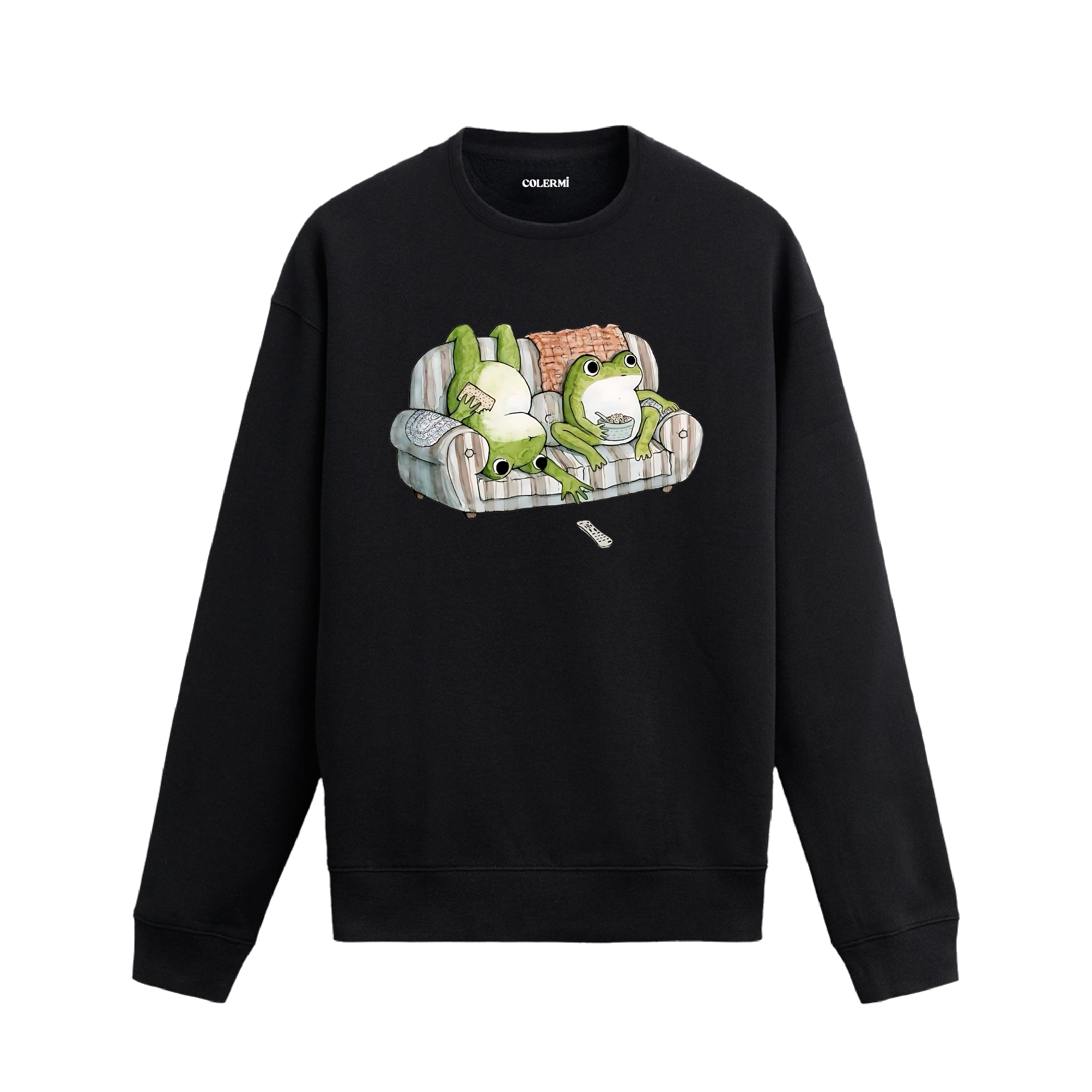 Koltuk üzerinde uzanan iki karakterin yer aldığı retro çizim baskılı siyah  sweatshirt tasarımı