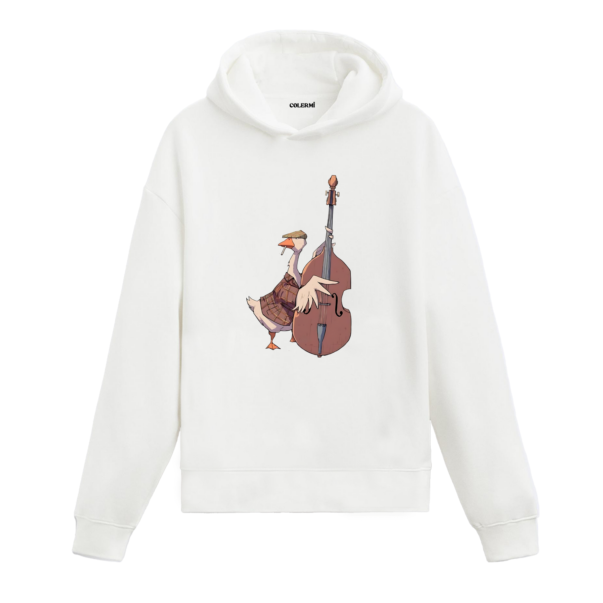 Kontrbas çalan figür baskısına sahip retro anlatımlı beyaz hoodie tasarımı