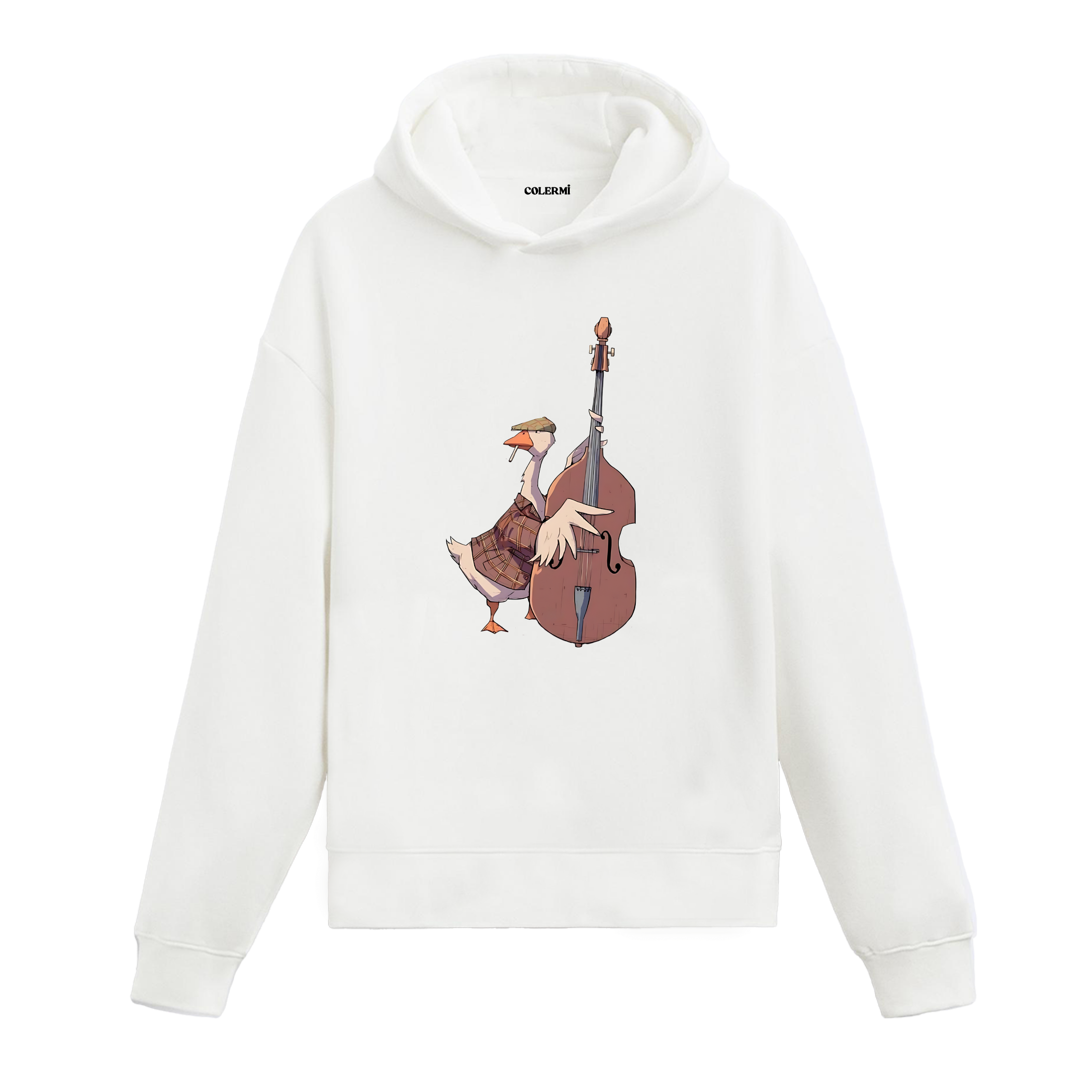 Kontrbas çalan figür baskısına sahip retro anlatımlı beyaz hoodie tasarımı