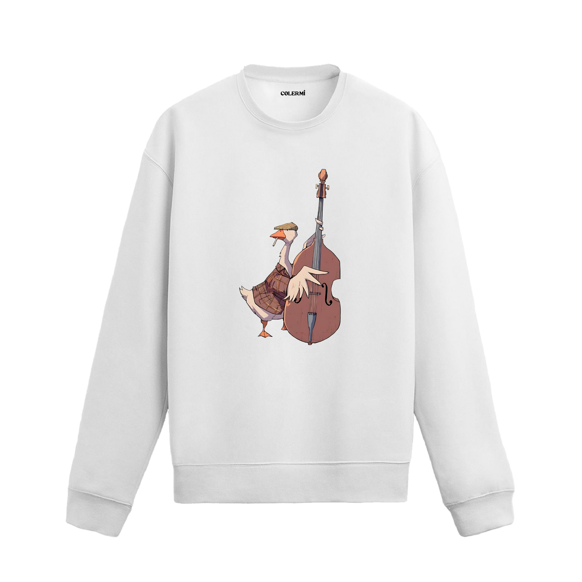 Kontrbas çalan figür baskısına sahip retro anlatımlı beyaz sweatshirt tasarımı