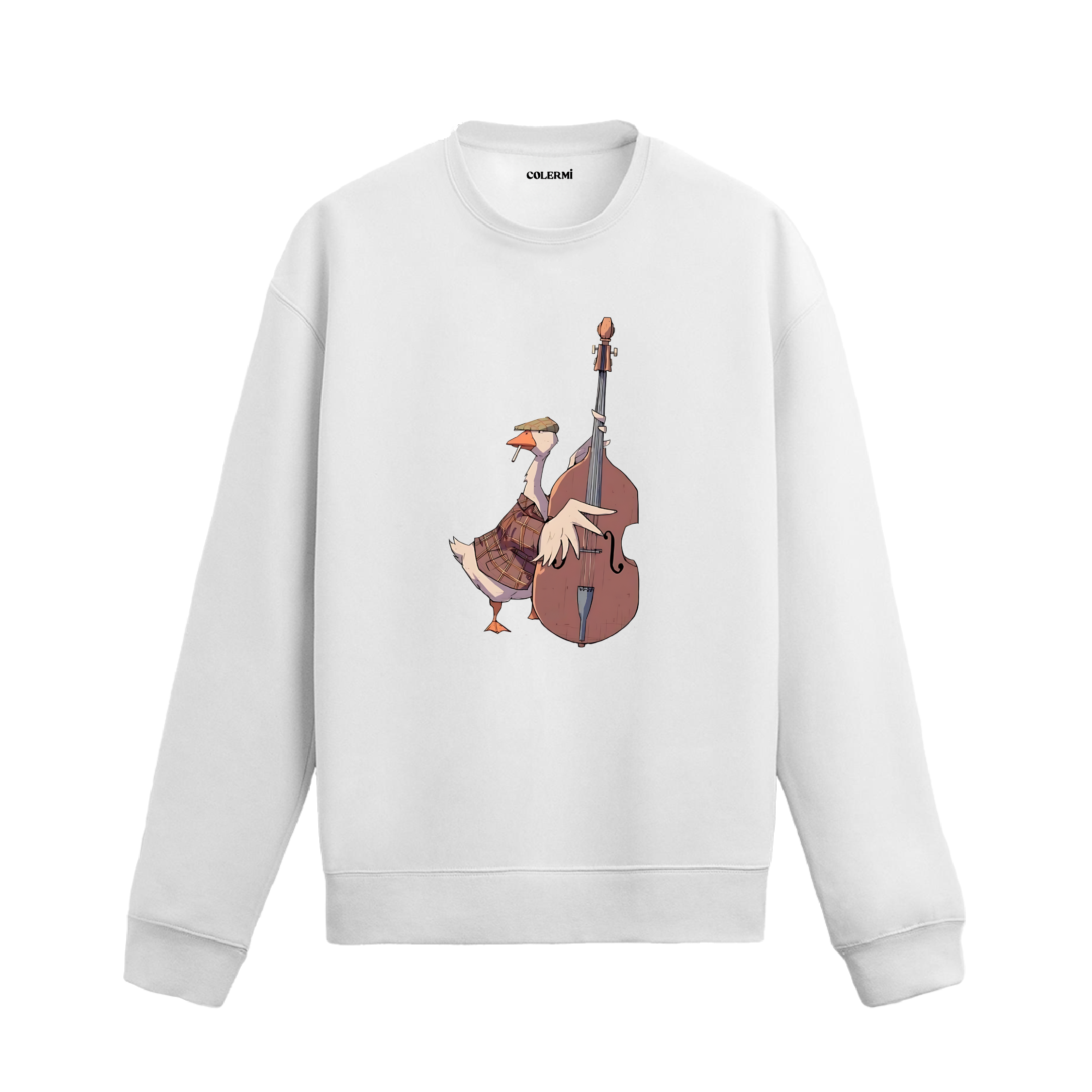 Kontrbas çalan figür baskısına sahip retro anlatımlı beyaz sweatshirt tasarımı