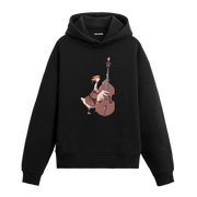 Kontrbas çalan figür baskısına sahip retro anlatımlı siyah hoodie tasarımı