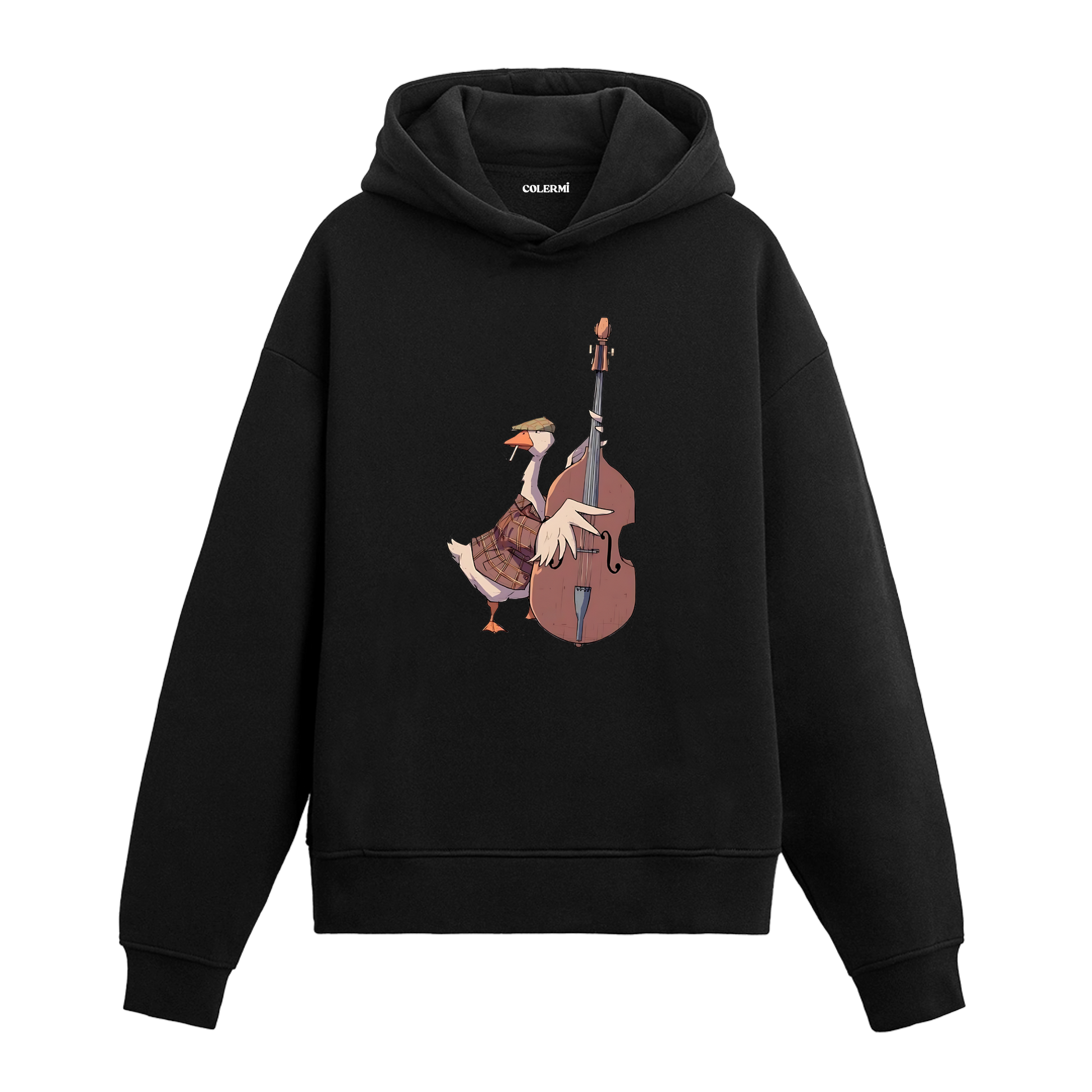 Kontrbas çalan figür baskısına sahip retro anlatımlı siyah hoodie tasarımı