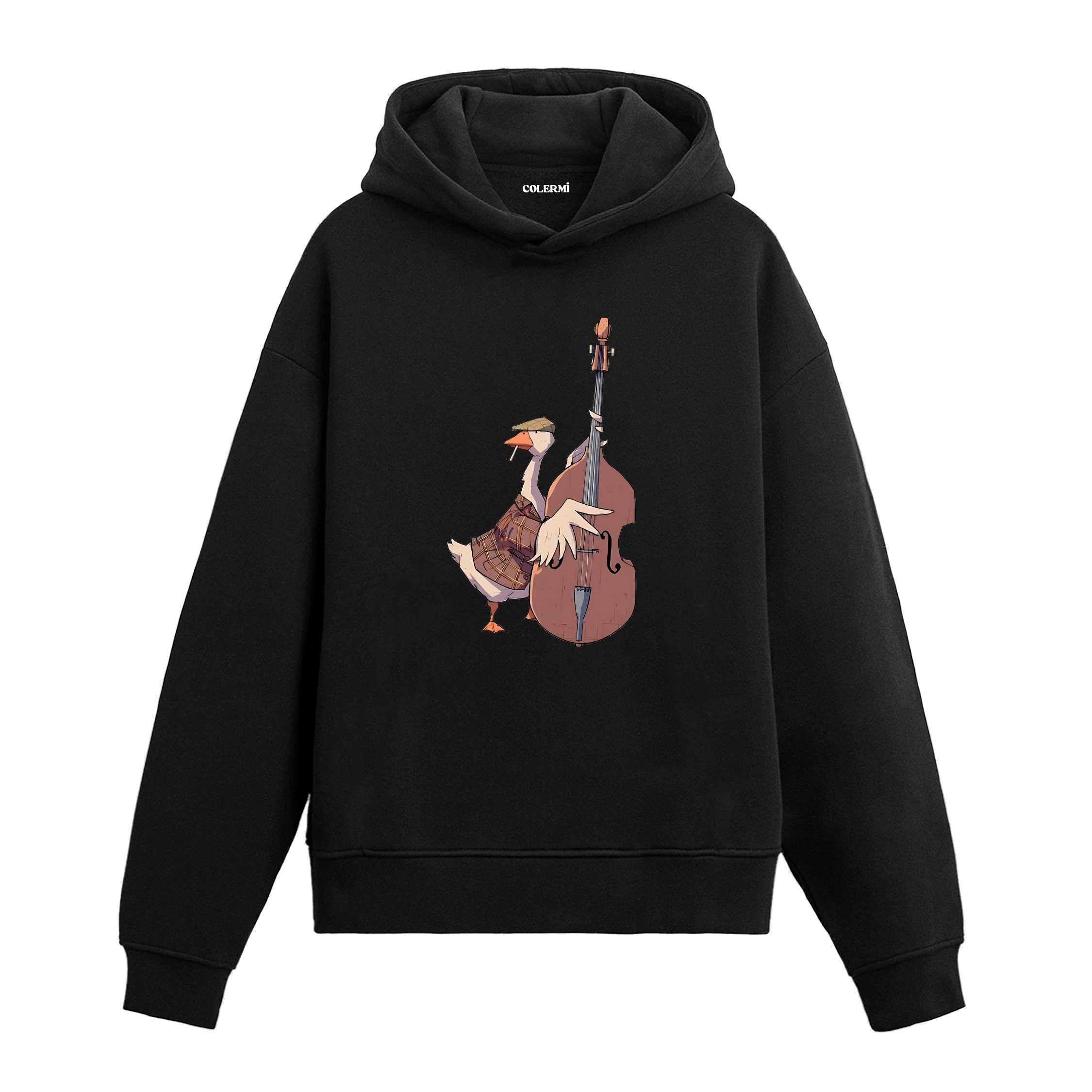 Kontrbas çalan figür baskısına sahip retro anlatımlı siyah hoodie tasarımı