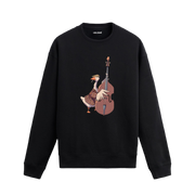 Kontrbas çalan figür baskısına sahip retro anlatımlı siyah sweatshirt tasarımı