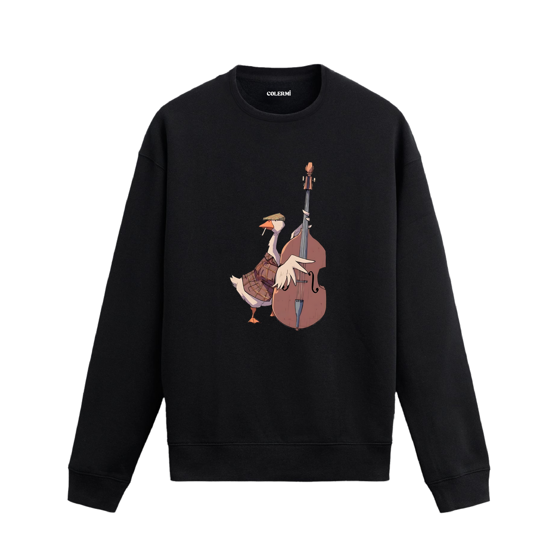 Kontrbas çalan figür baskısına sahip retro anlatımlı siyah sweatshirt tasarımı