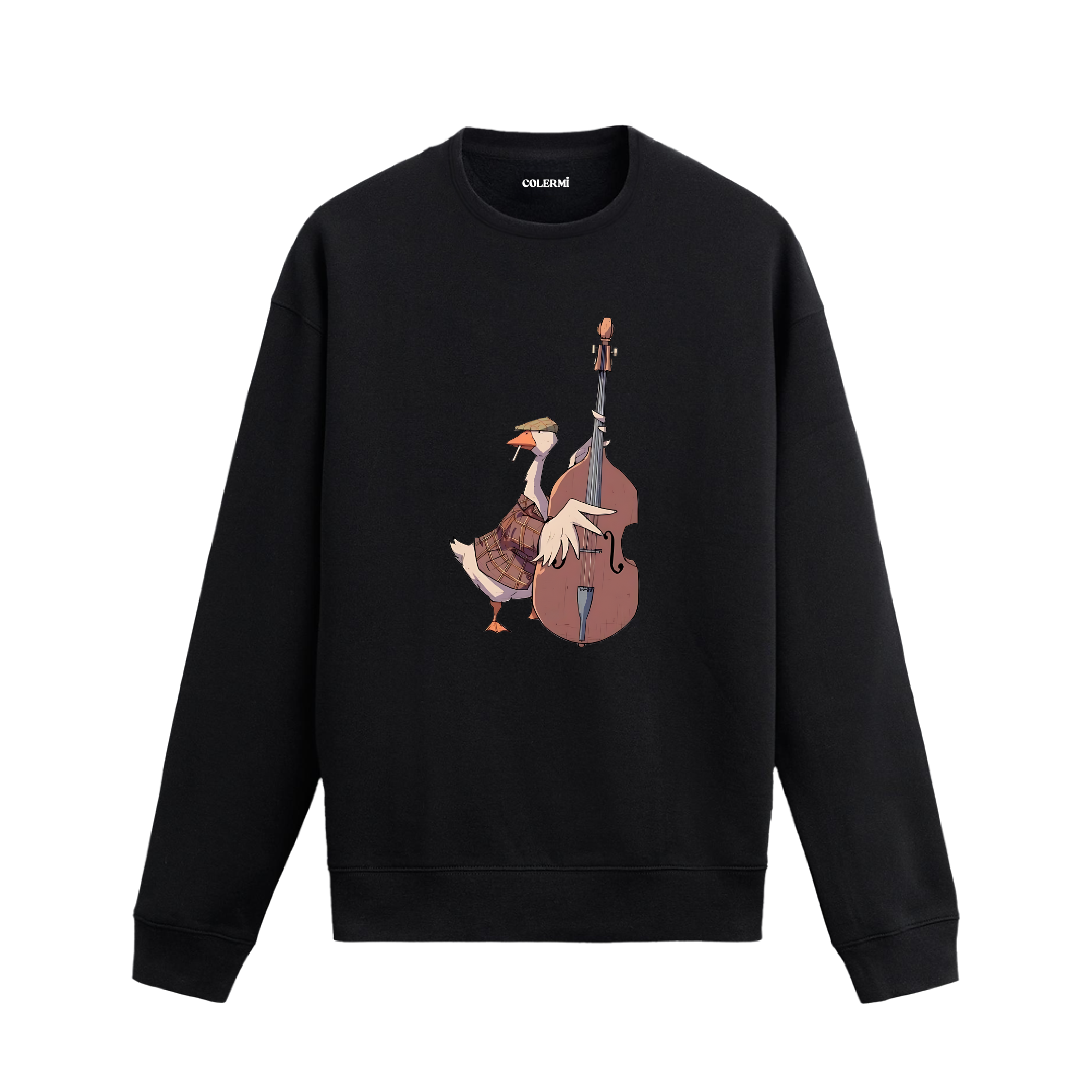 Kontrbas çalan figür baskısına sahip retro anlatımlı siyah sweatshirt tasarımı