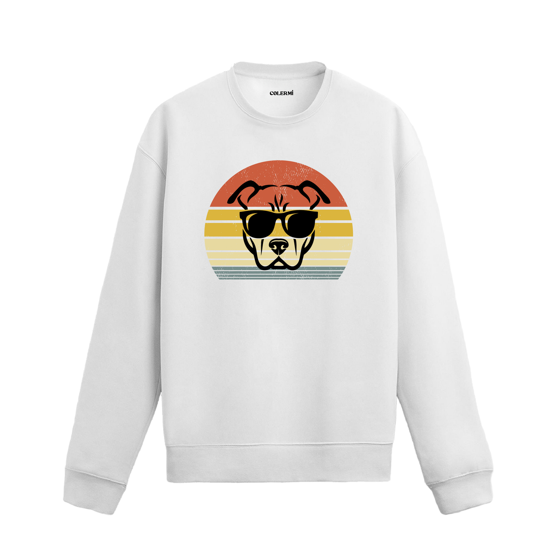 Siyah sweatshirt üzerinde retro gün batımı fonunda güneş gözlüklü köpek baskısı