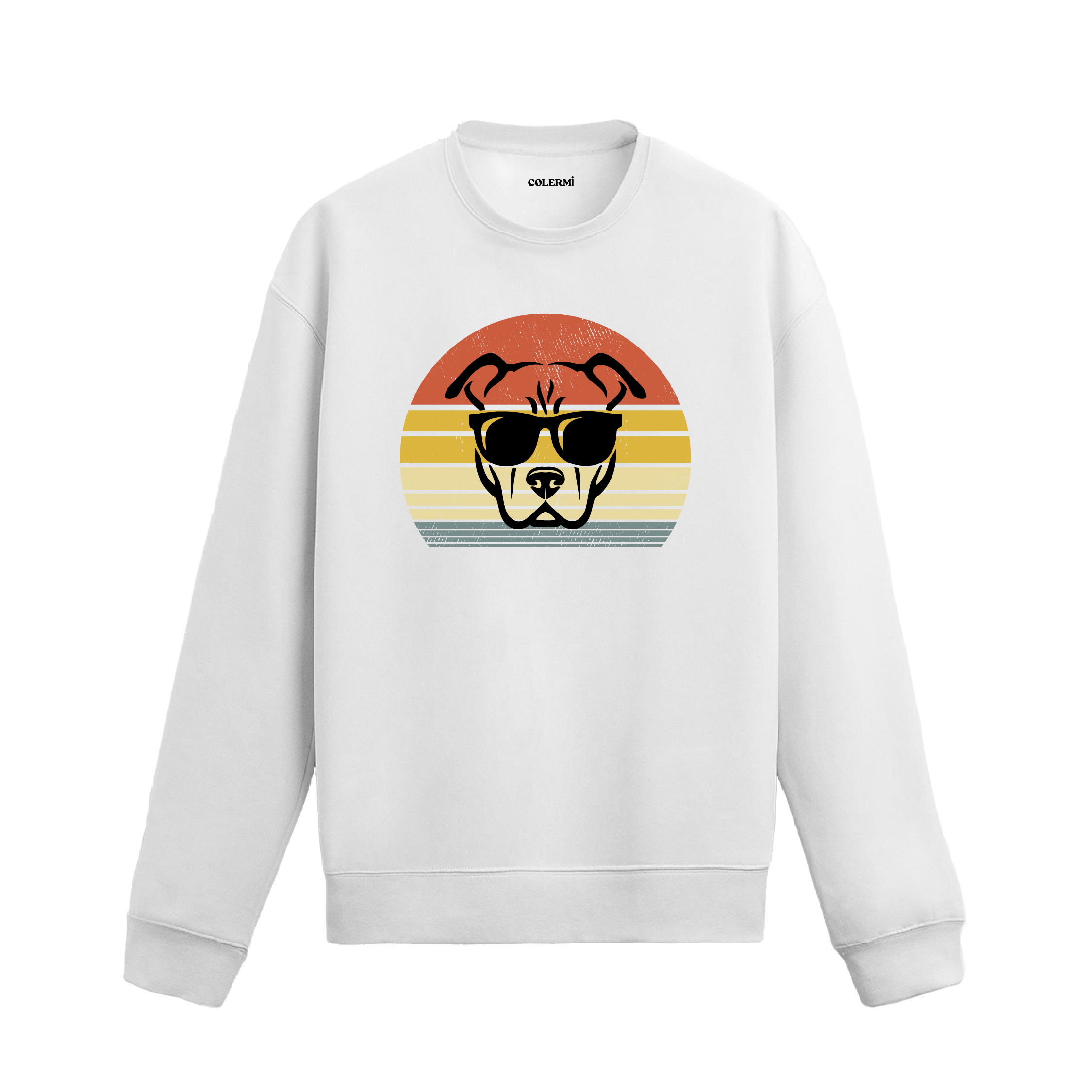 Siyah sweatshirt üzerinde retro gün batımı fonunda güneş gözlüklü köpek baskısı