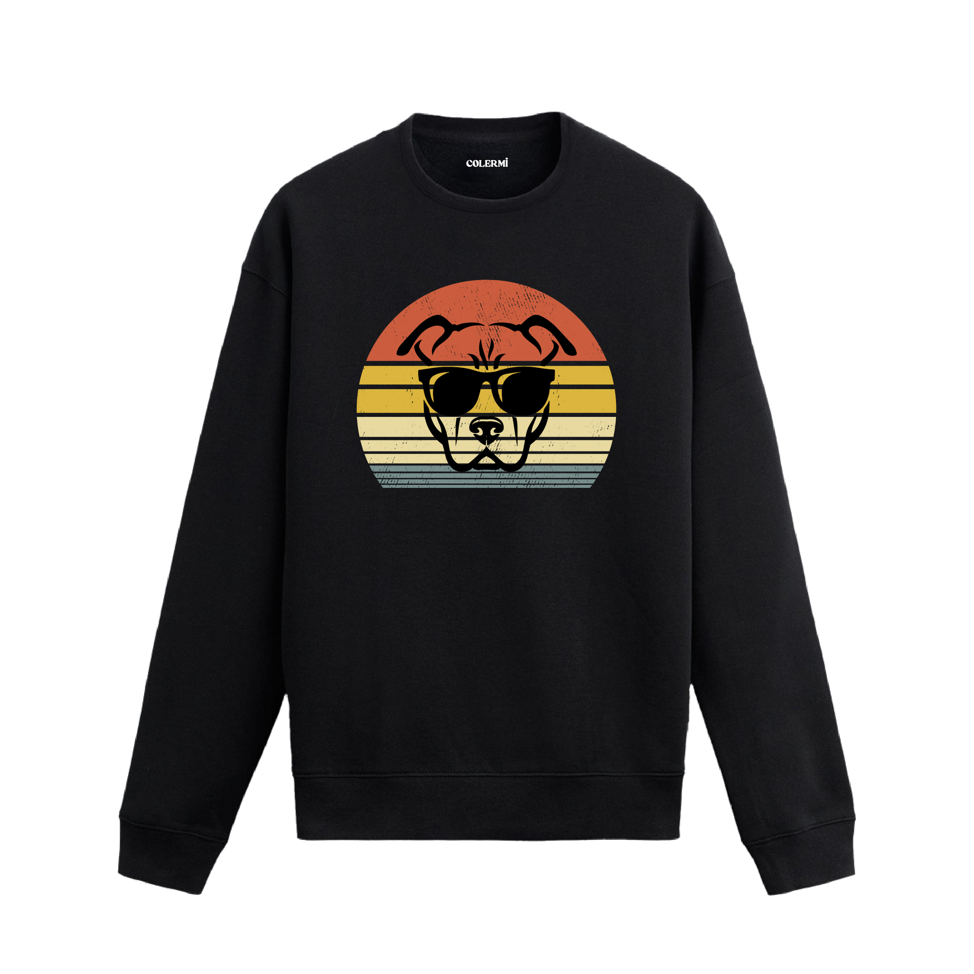 Siyah sweatshirt üzerinde retro gün batımı fonunda güneş gözlüklü köpek baskısı