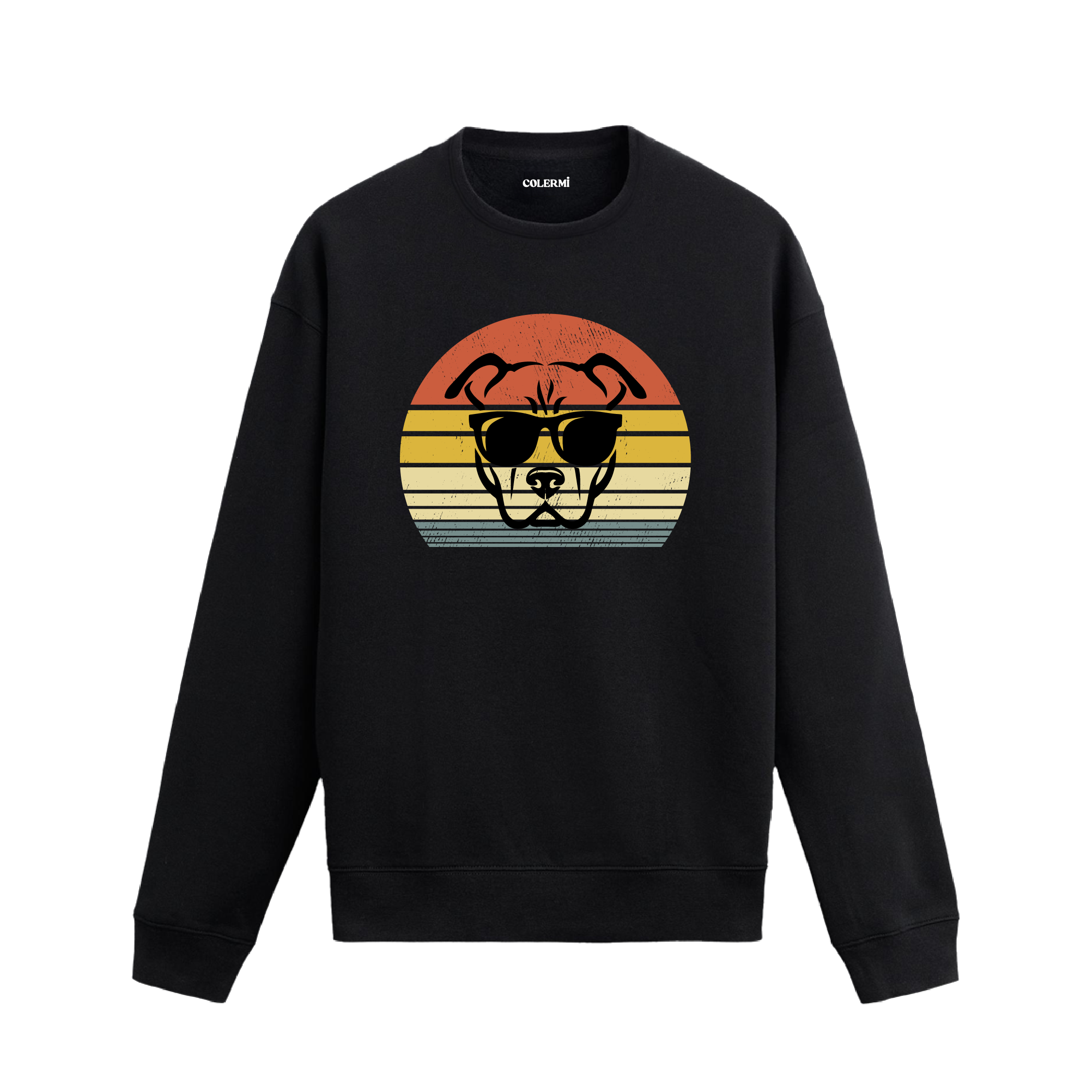 Siyah sweatshirt üzerinde retro gün batımı fonunda güneş gözlüklü köpek baskısı