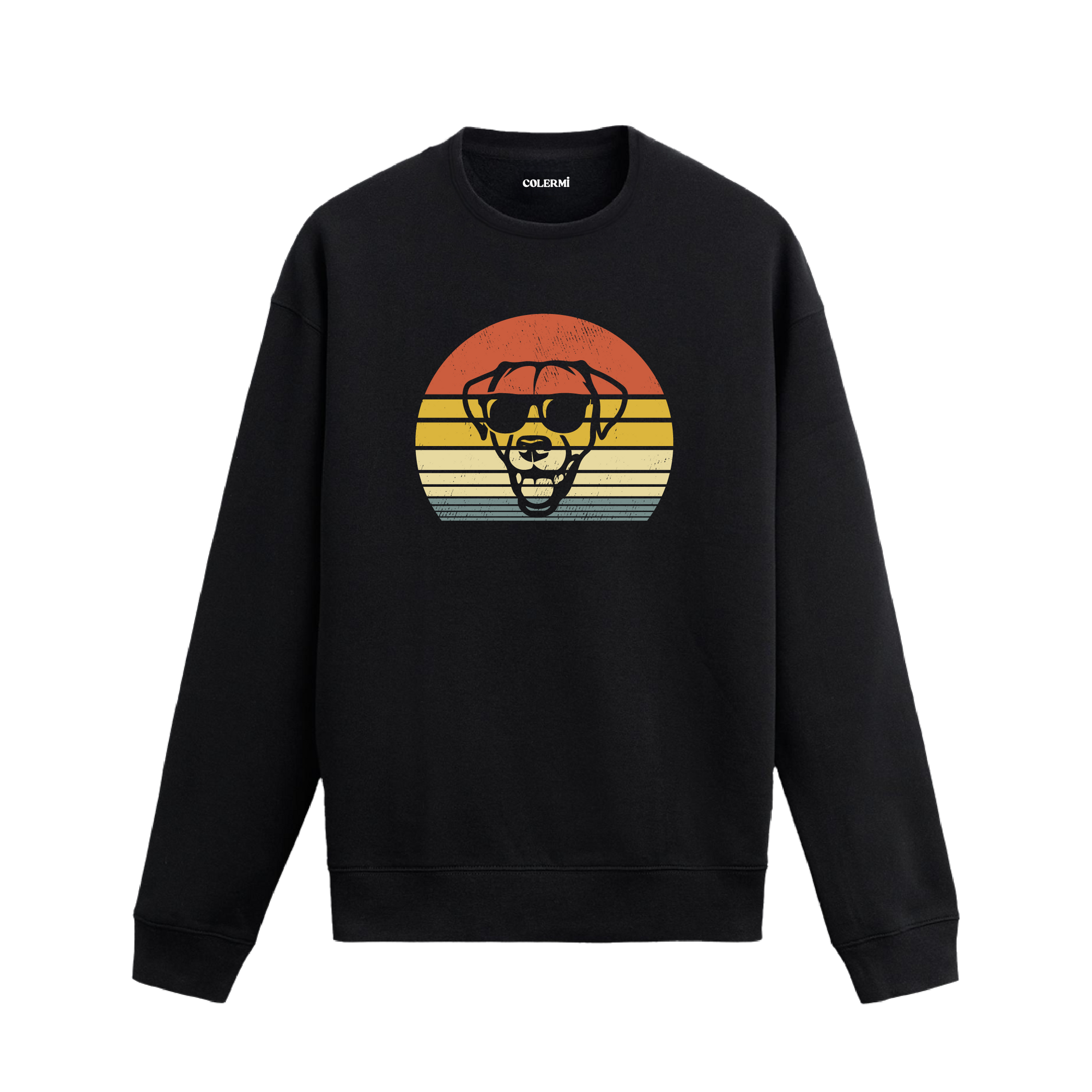 Siyah sweatshirt üzerinde retro gün batımı fonunda güneş gözlüklü köpek baskısı
