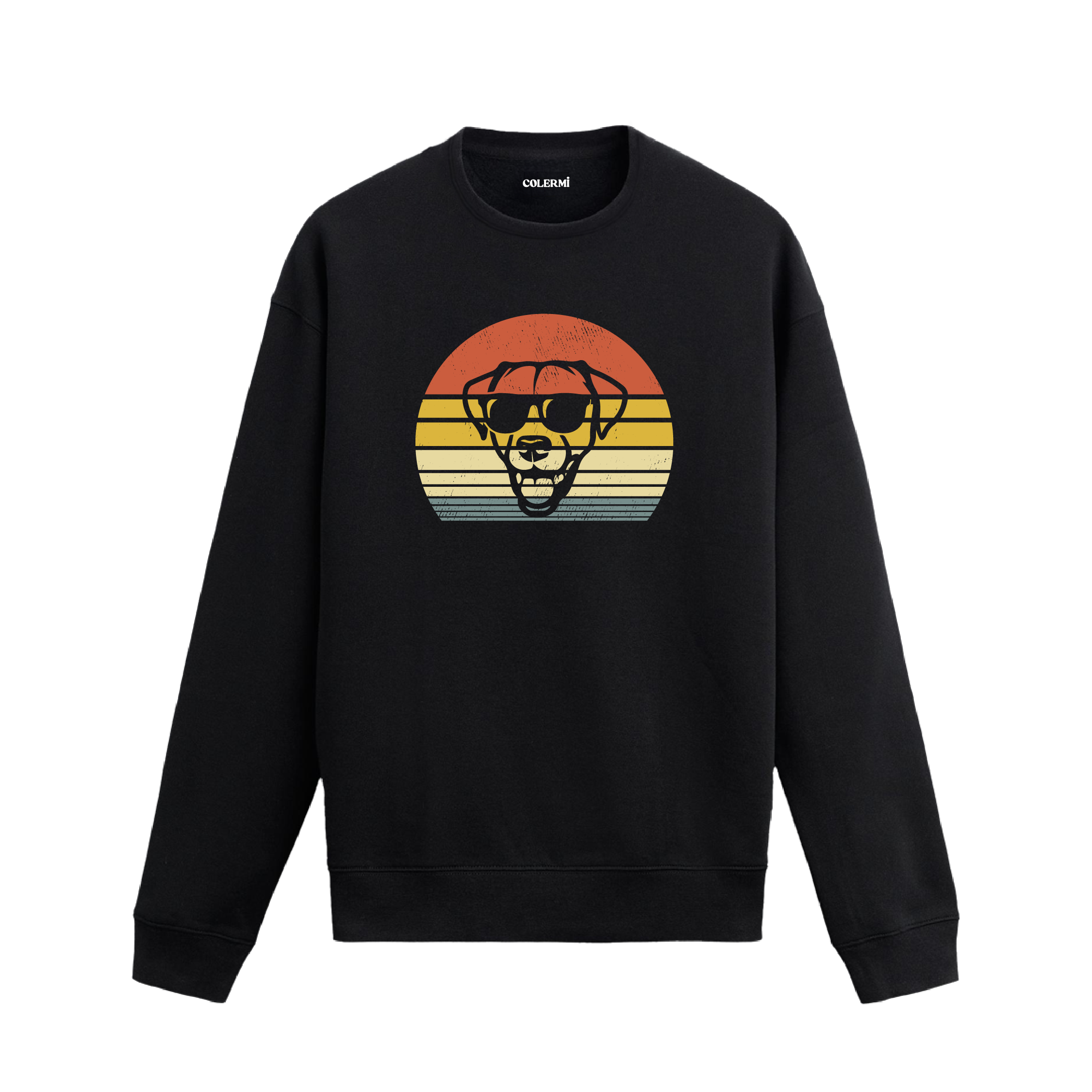 Siyah sweatshirt üzerinde retro gün batımı fonunda güneş gözlüklü köpek baskısı