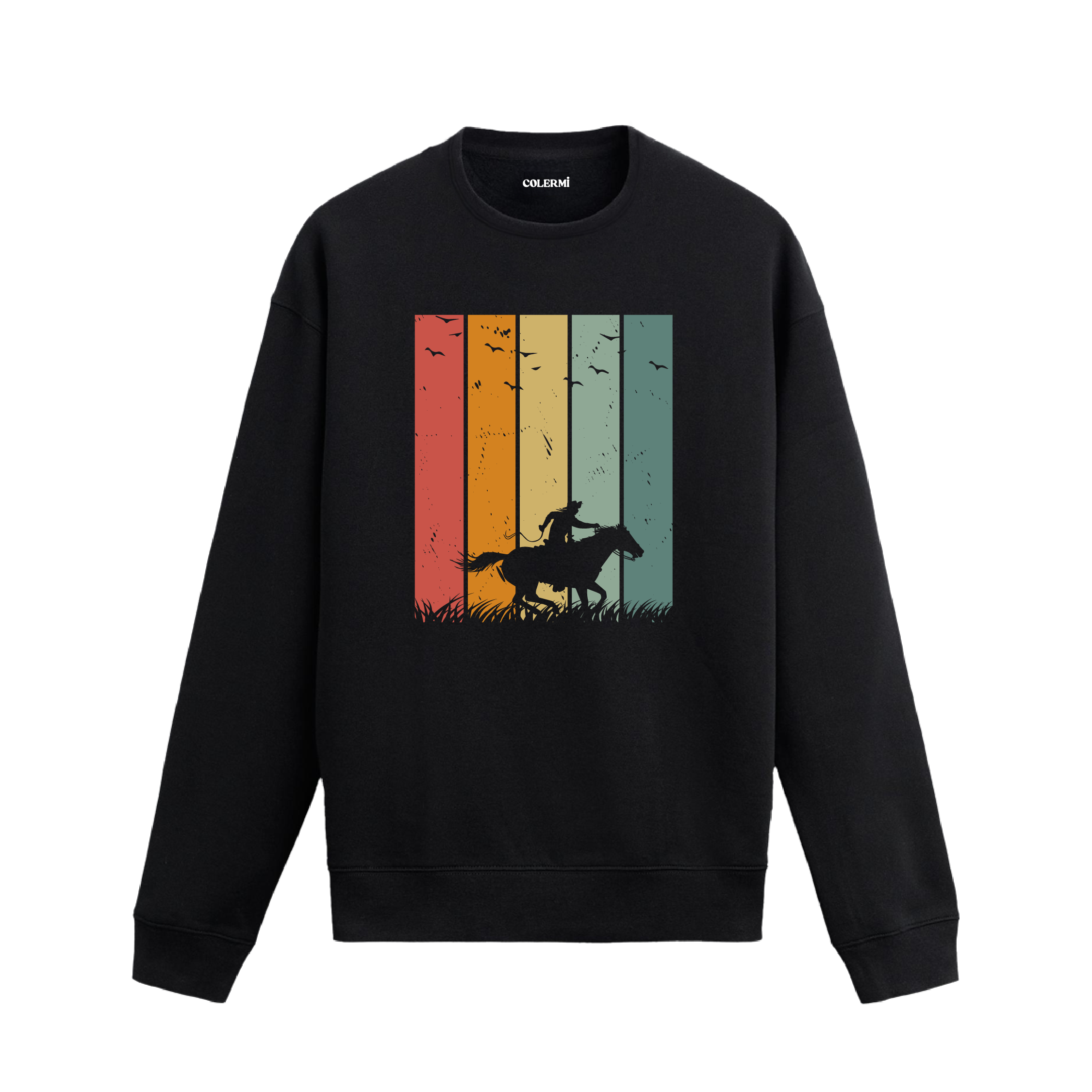 Retro renkli çizgiler önünde at üstünde ilerleyen kovboy baskılı siyah sweatshirt.