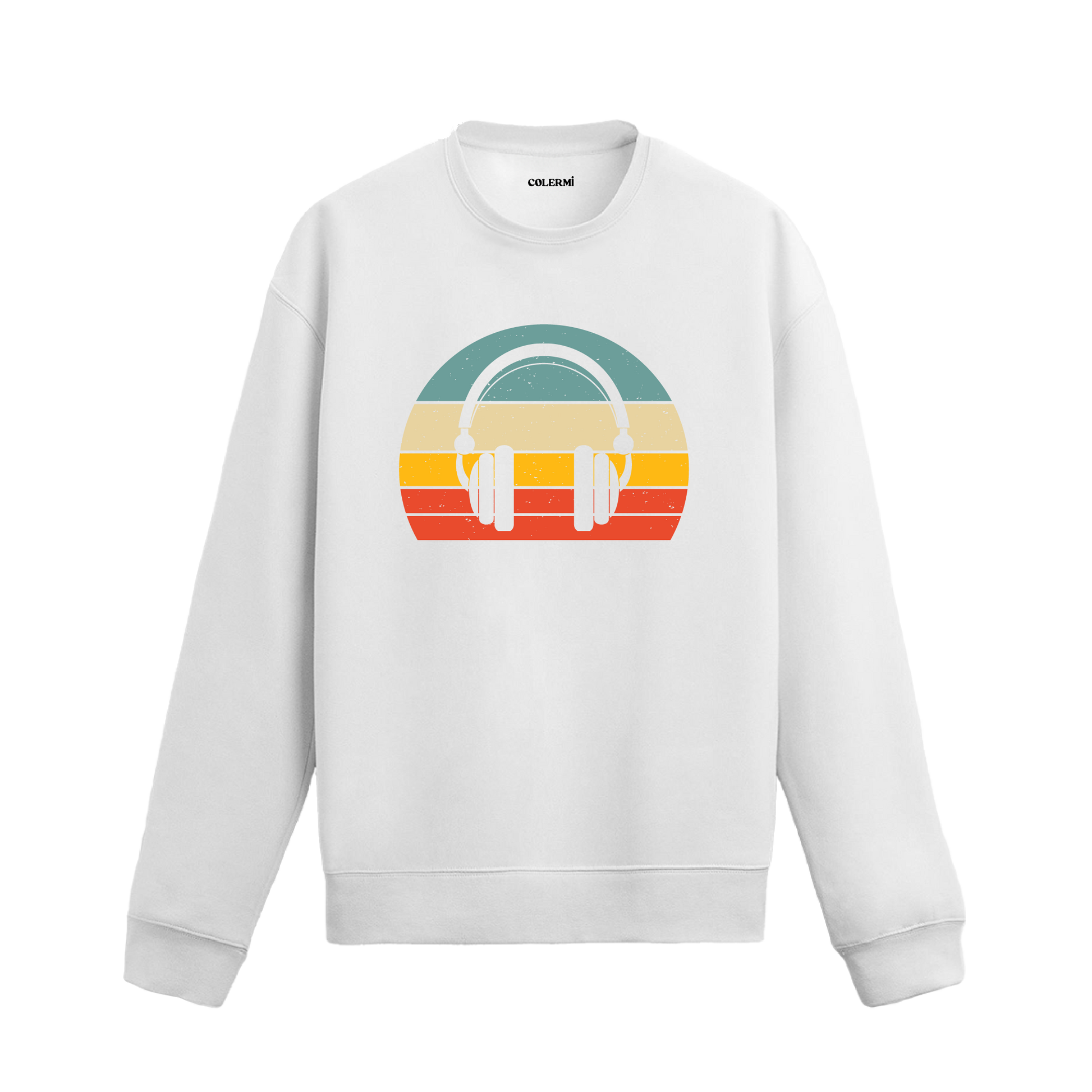 Retro tarz kulaklık baskılı sweatshirt, müzik temalı tasarım.