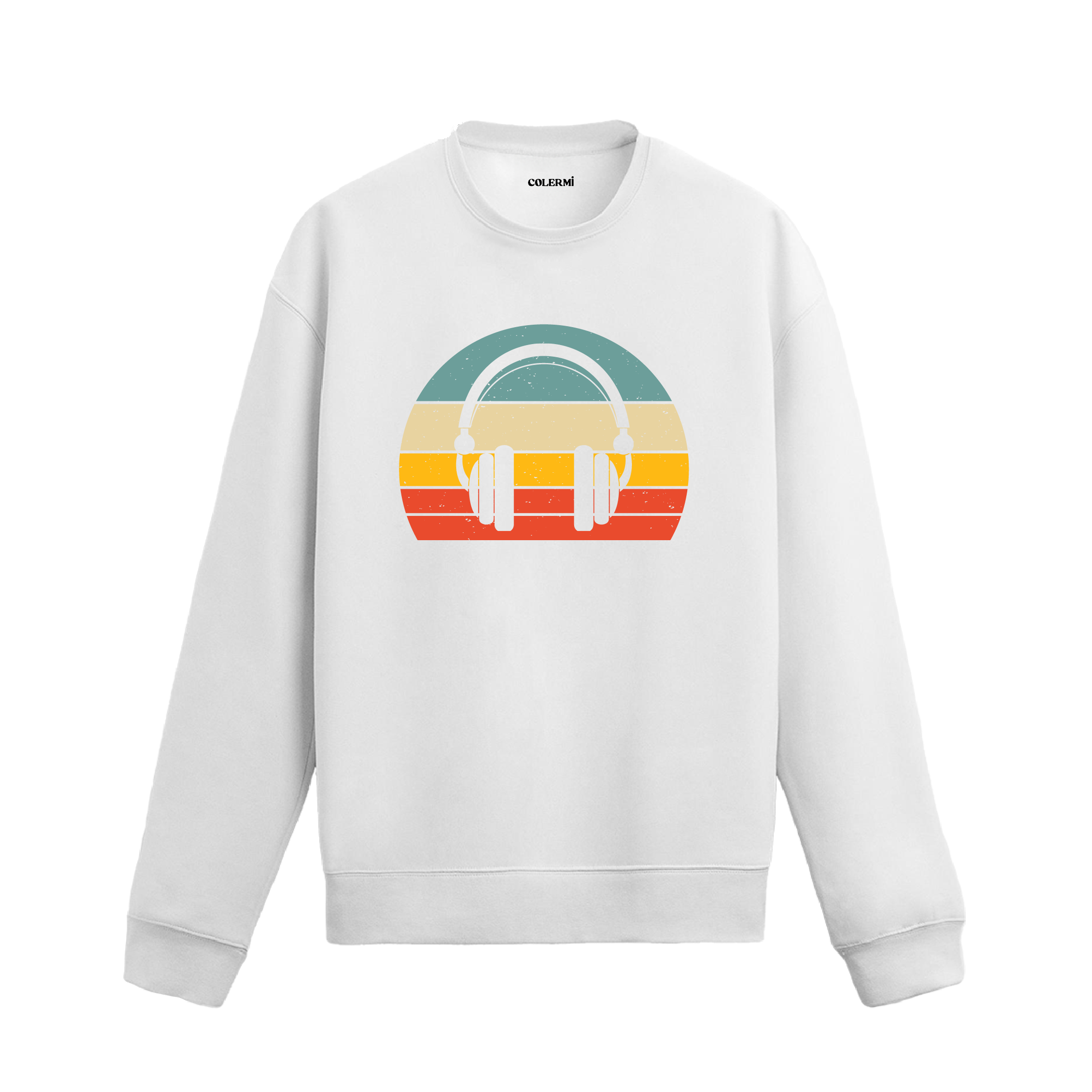 Retro tarz kulaklık baskılı sweatshirt, müzik temalı tasarım.