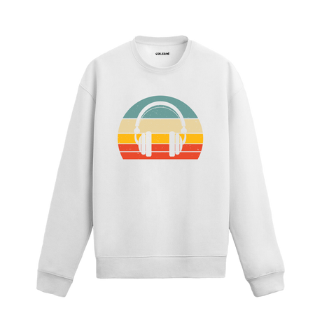 Retro tarz kulaklık baskılı sweatshirt, müzik temalı tasarım.