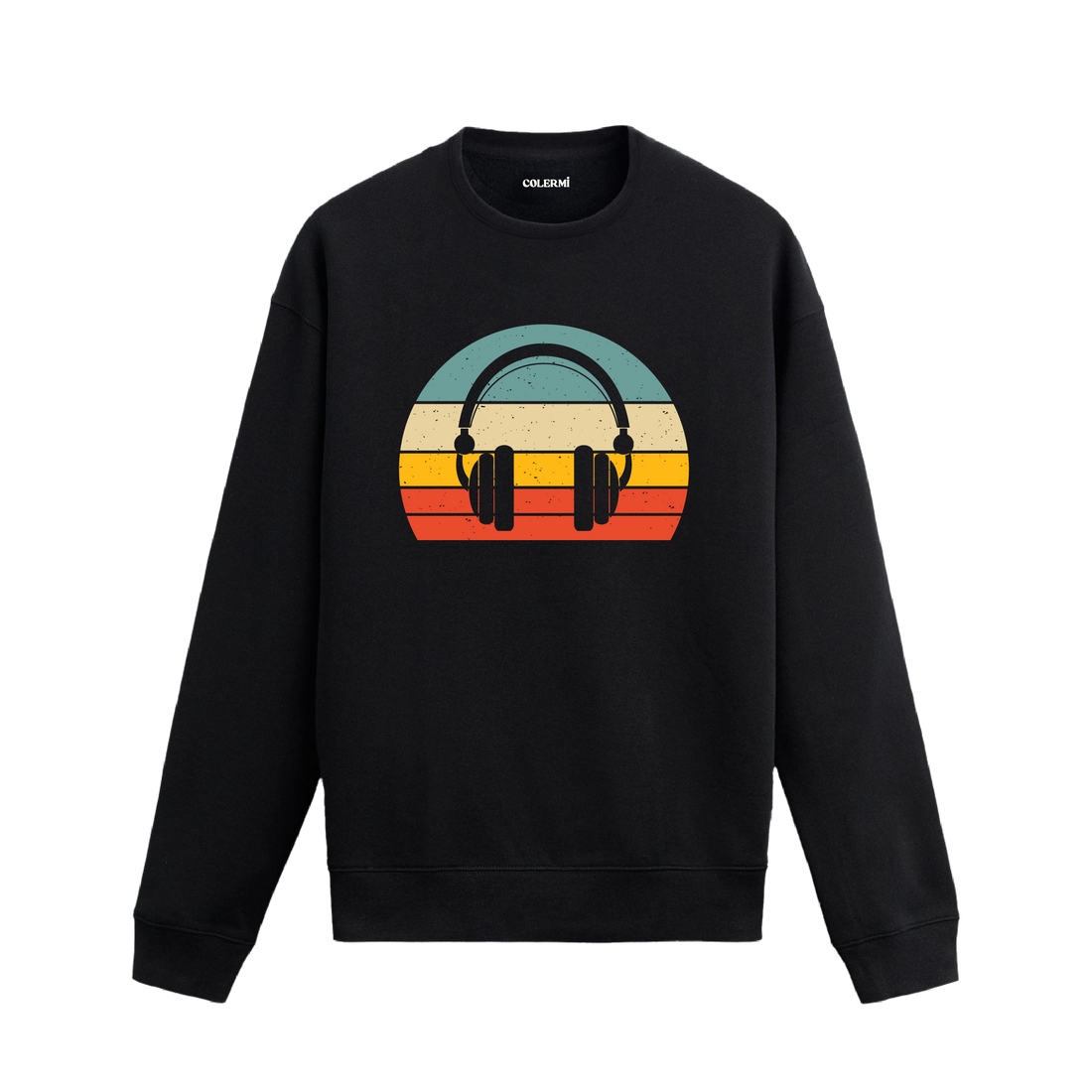 Retro tarz kulaklık baskılı sweatshirt, müzik temalı tasarım.