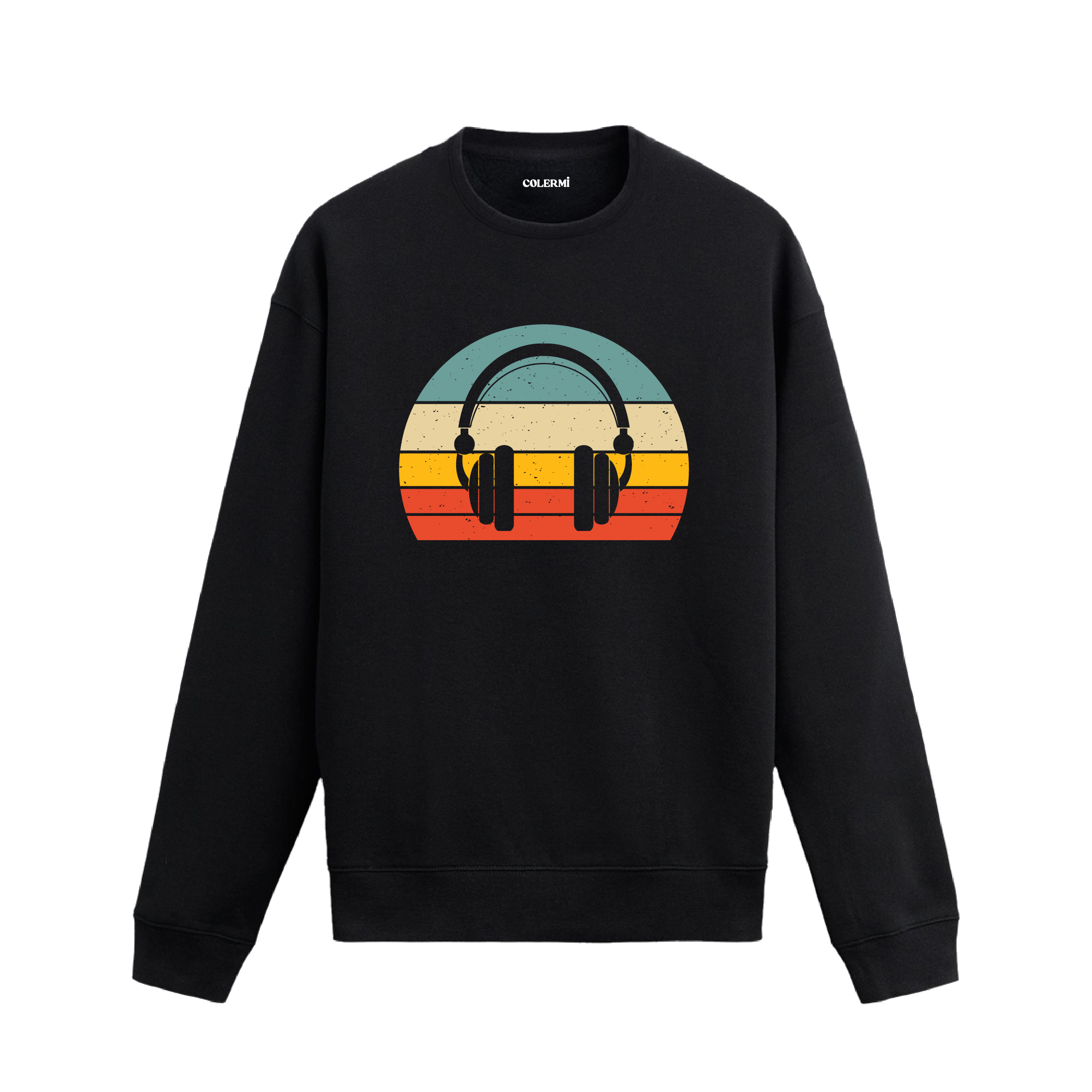 Retro tarz kulaklık baskılı sweatshirt, müzik temalı tasarım.