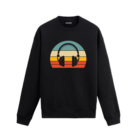 Retro tarz kulaklık baskılı sweatshirt, müzik temalı tasarım.