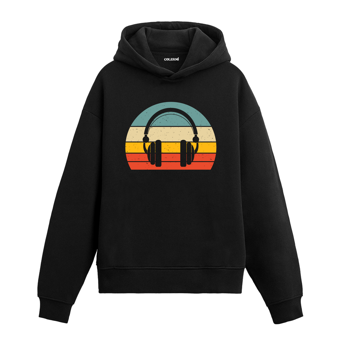 Retro kulaklık baskılı siyah hoodie – müzik temalı sade tasarım