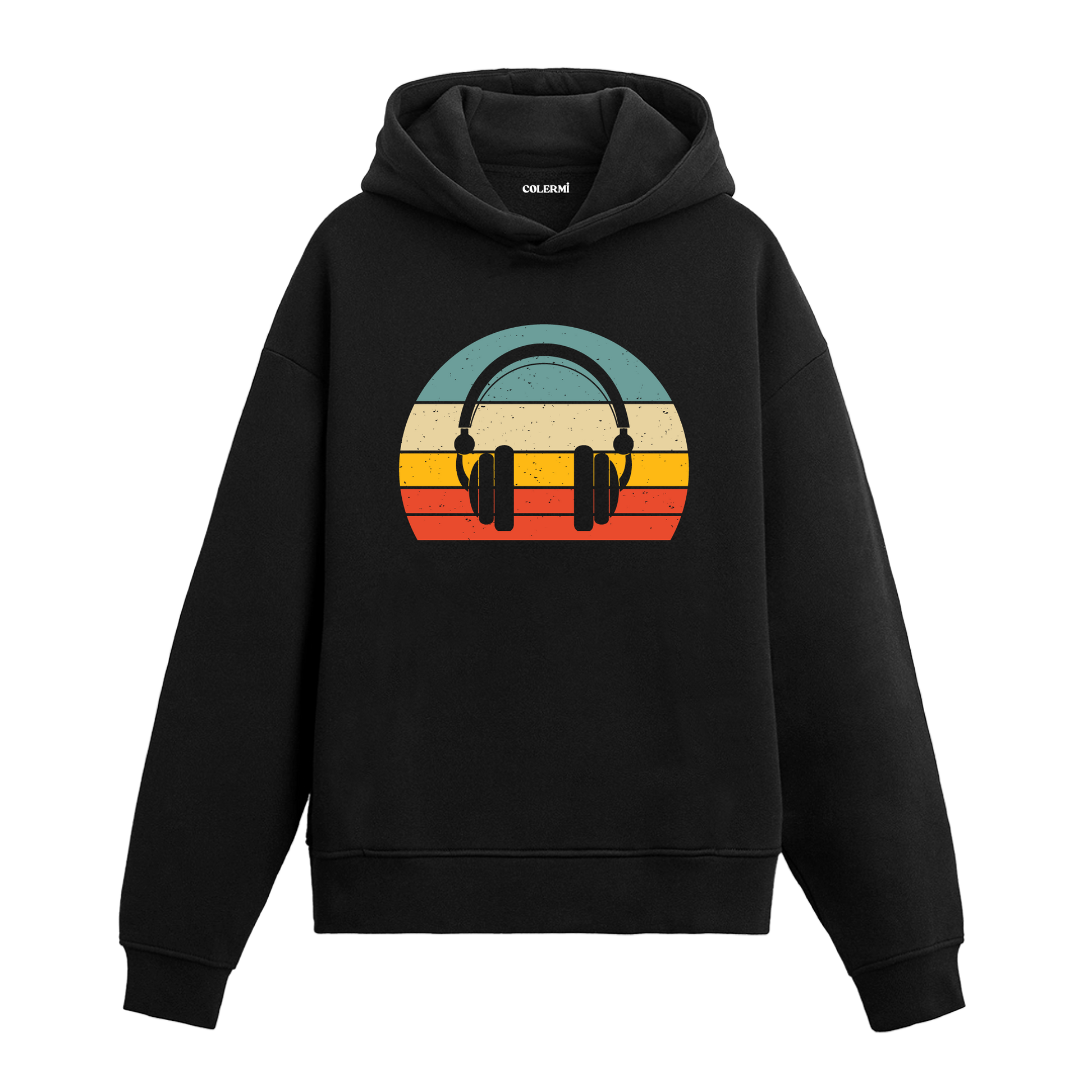 Retro kulaklık baskılı siyah hoodie – müzik temalı sade tasarım