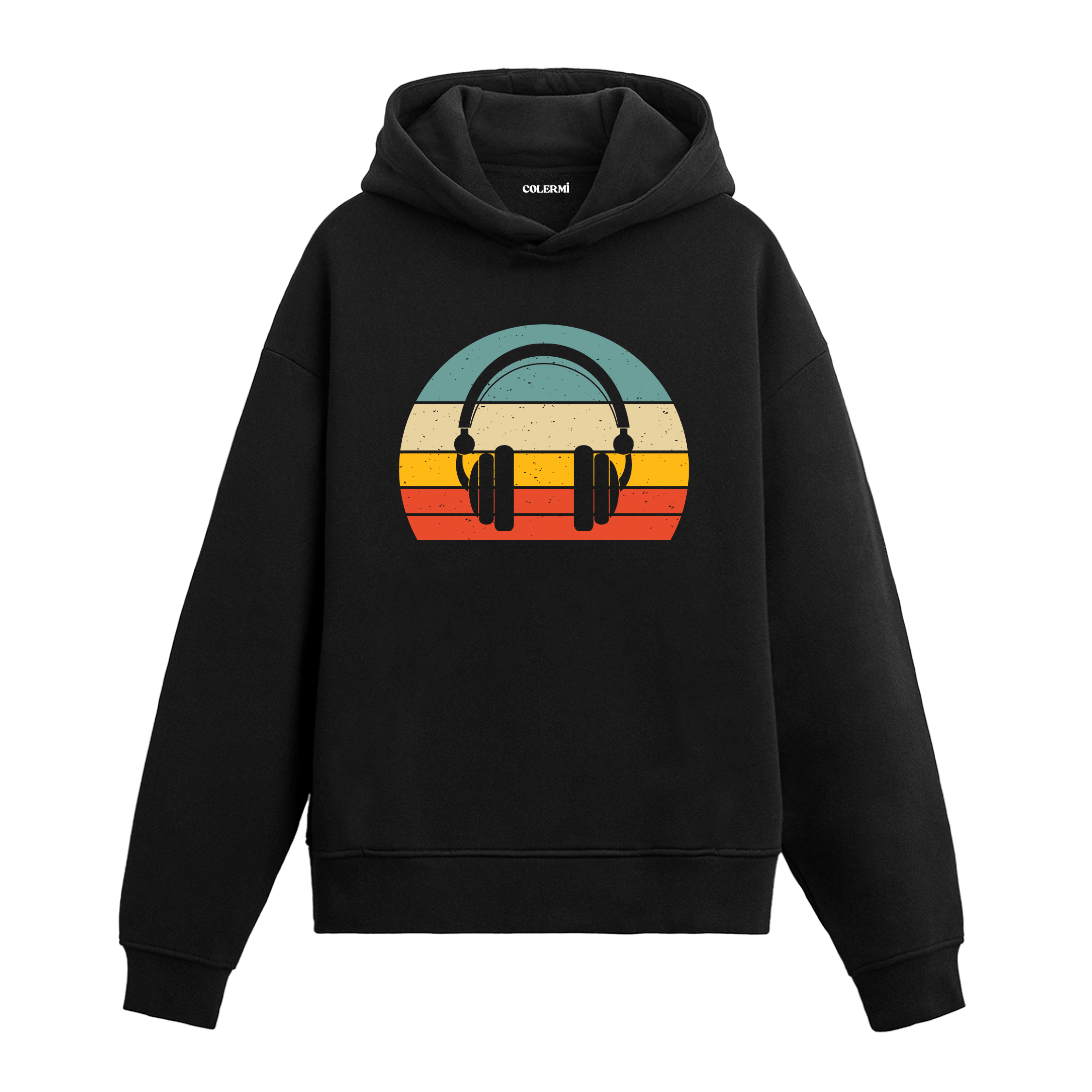 Retro kulaklık baskılı siyah hoodie – müzik temalı sade tasarım