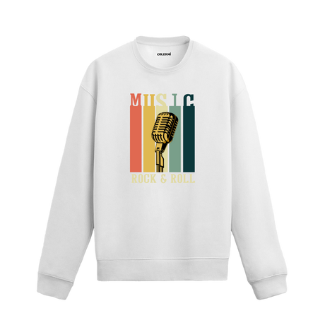 Retro renkli bloklar üzerinde mikrofon baskılı Rock & Roll temalı beyaz sweatshirt.