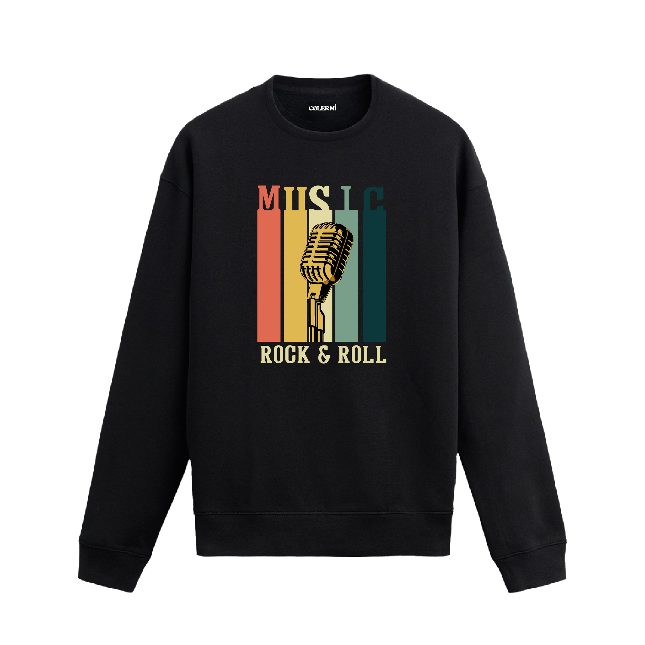 Retro renkli bloklar üzerinde mikrofon baskılı Rock & Roll temalı siyah sweatshirt.