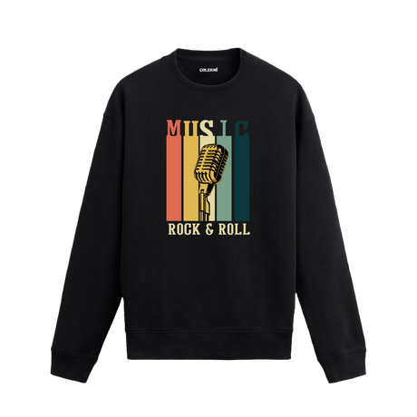 Retro renkli bloklar üzerinde mikrofon baskılı Rock & Roll temalı siyah sweatshirt.