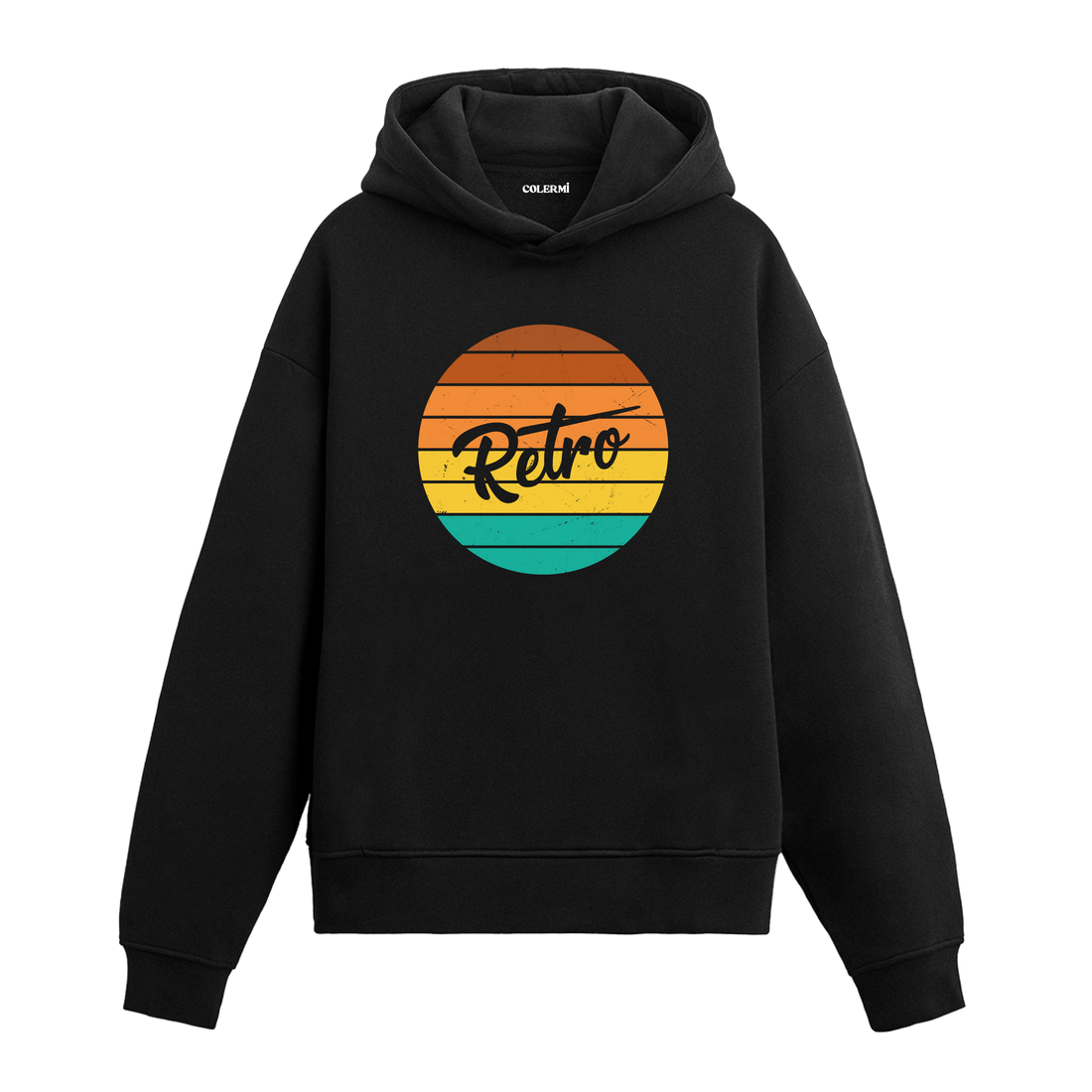 Retro yazılı siyah hoodie – renk geçişli minimalist nostaljik tasarım