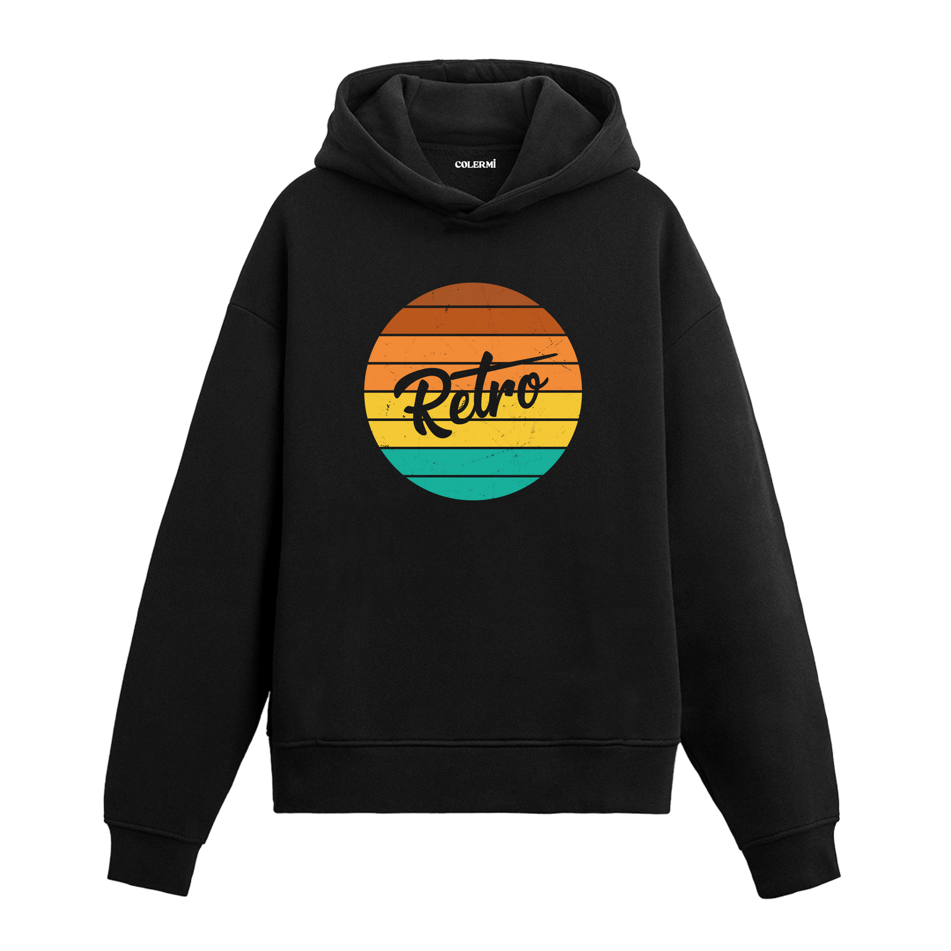 Retro yazılı siyah hoodie – renk geçişli minimalist nostaljik tasarım