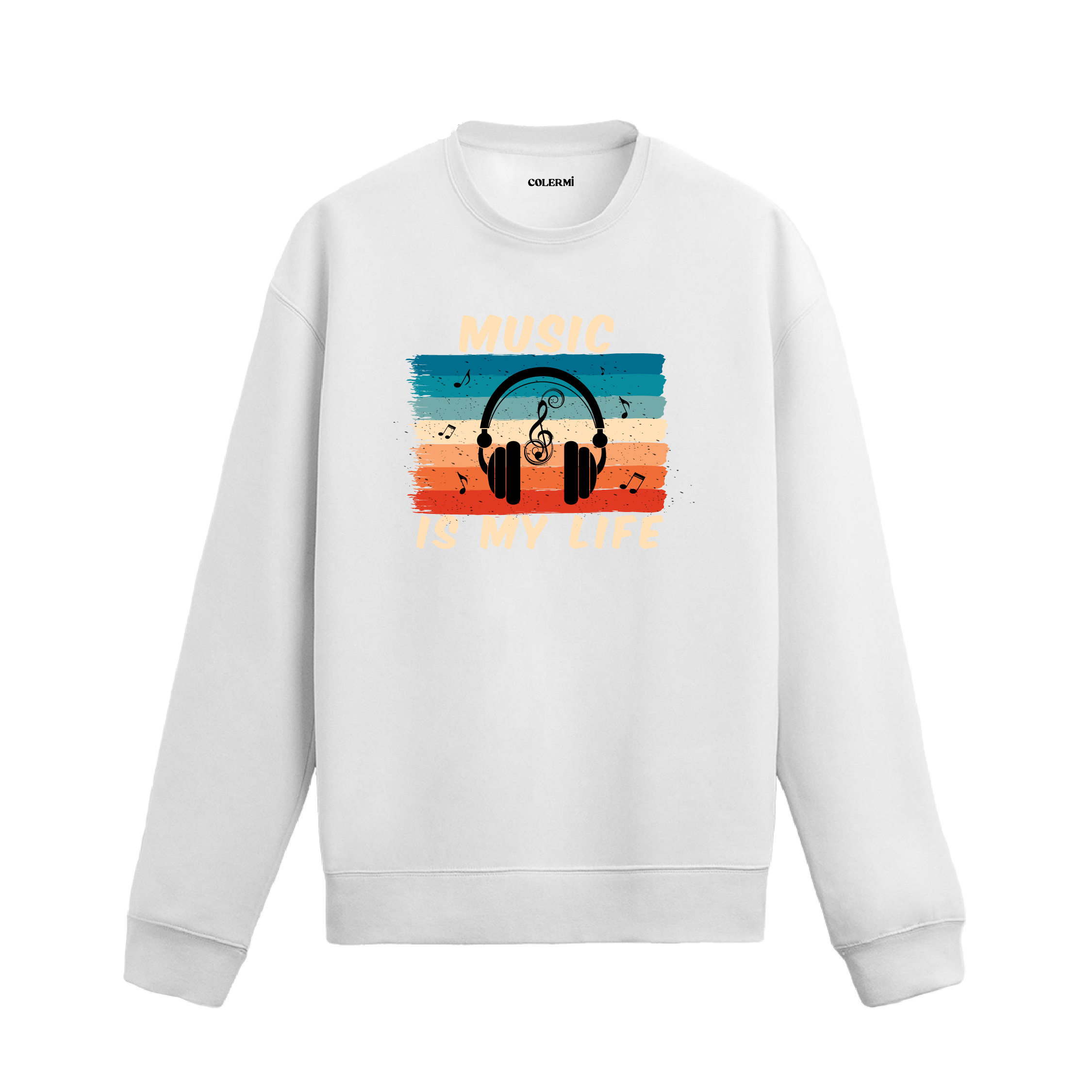 Retro müzik hayattır yazılı, kulaklık ve nota baskılı sweatshirt.
