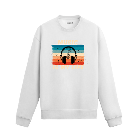 Retro müzik hayattır yazılı, kulaklık ve nota baskılı sweatshirt.