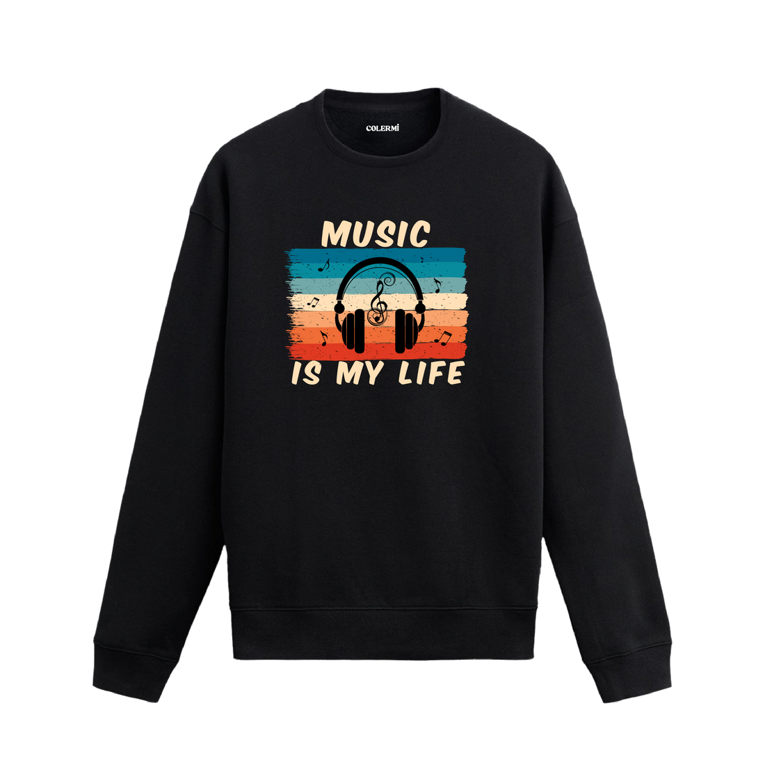 Retro müzik hayattır yazılı, kulaklık ve nota baskılı sweatshirt.